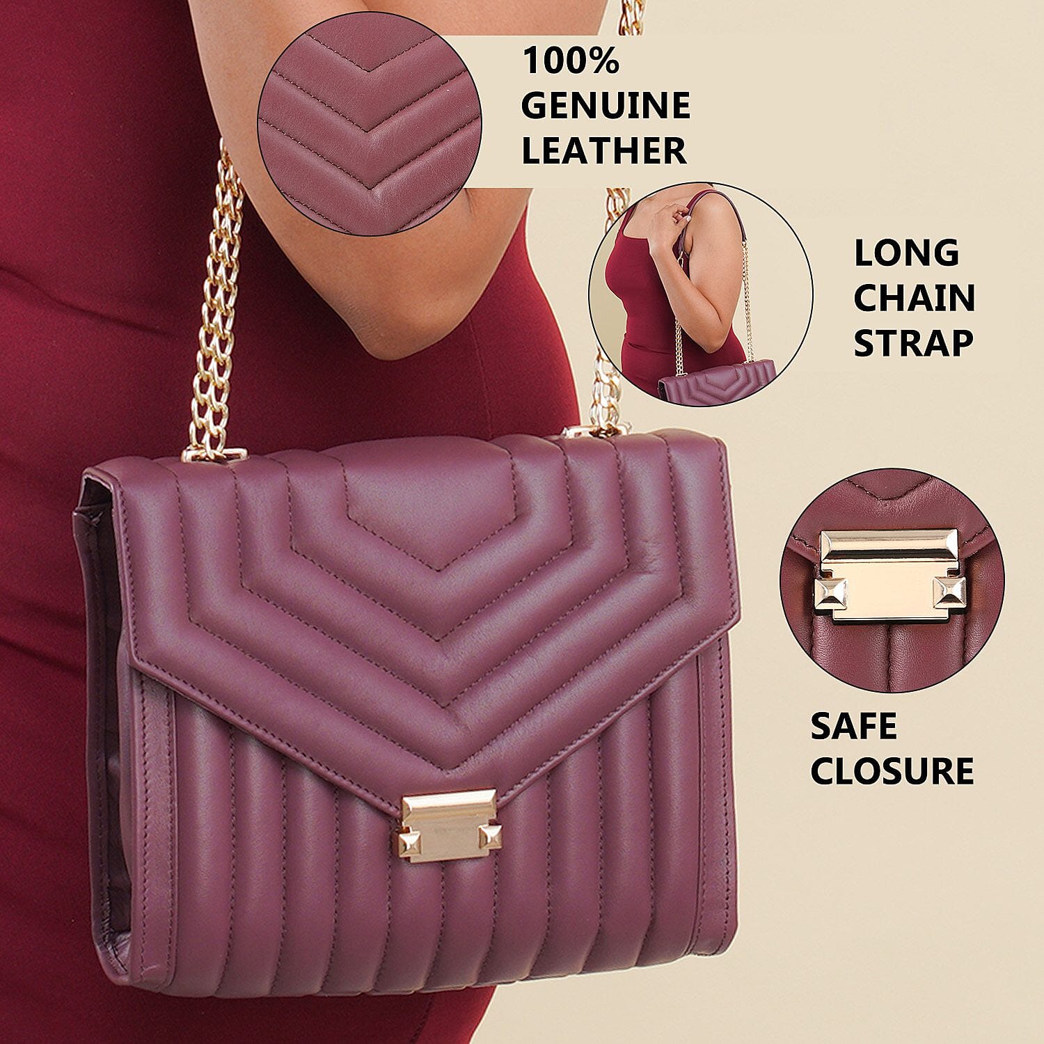 100% Genuine Leather Quilted Crossbody Bag With Curb Link Chain Strap - Maroon