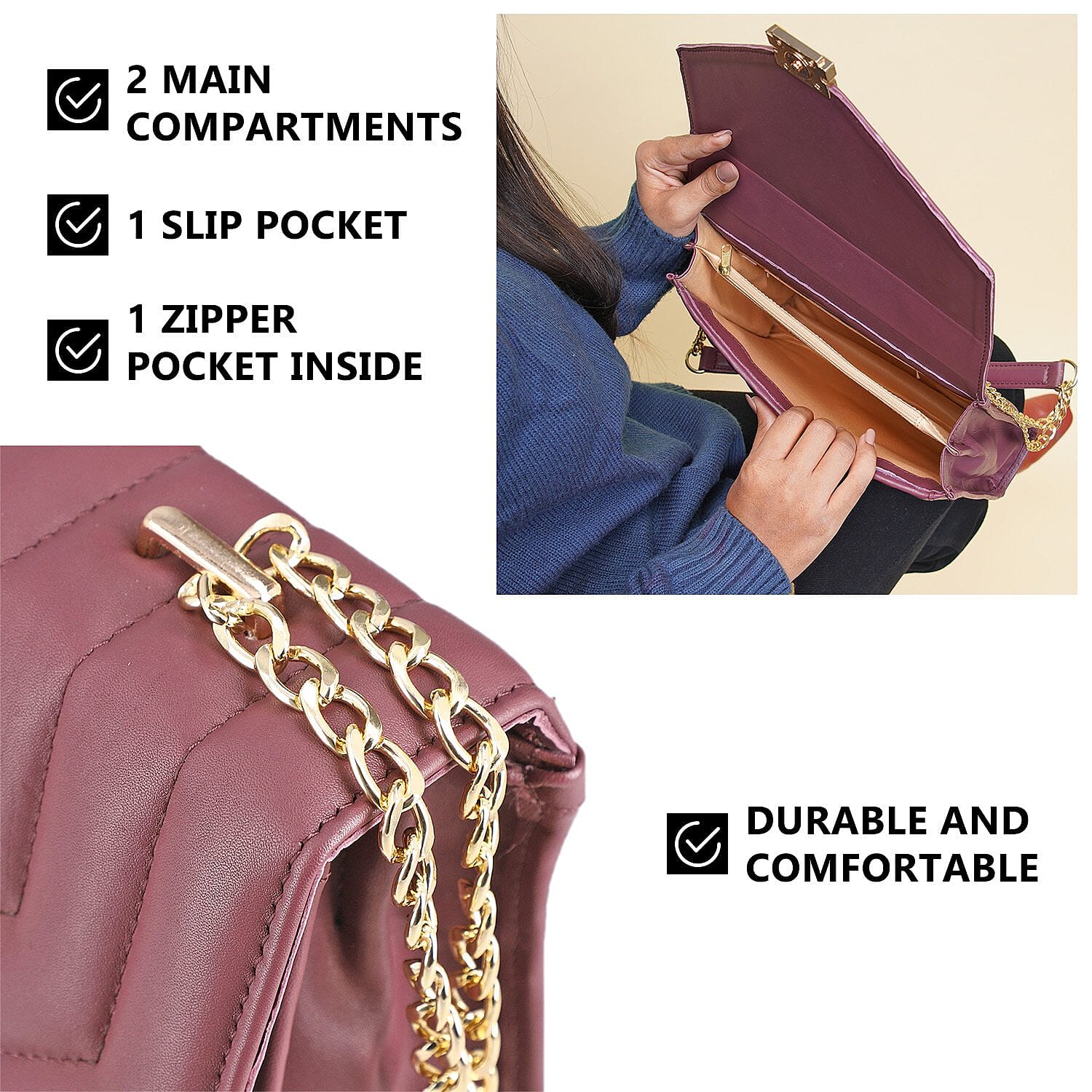 100% Genuine Leather Quilted Crossbody Bag With Curb Link Chain Strap - Maroon