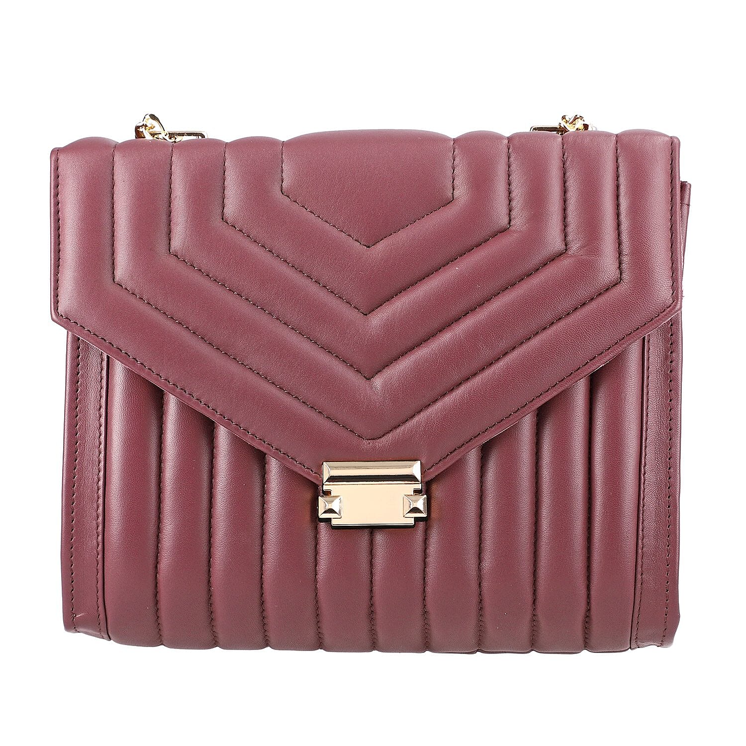 100% Genuine Leather Quilted Crossbody Bag With Curb Link Chain Strap - Maroon