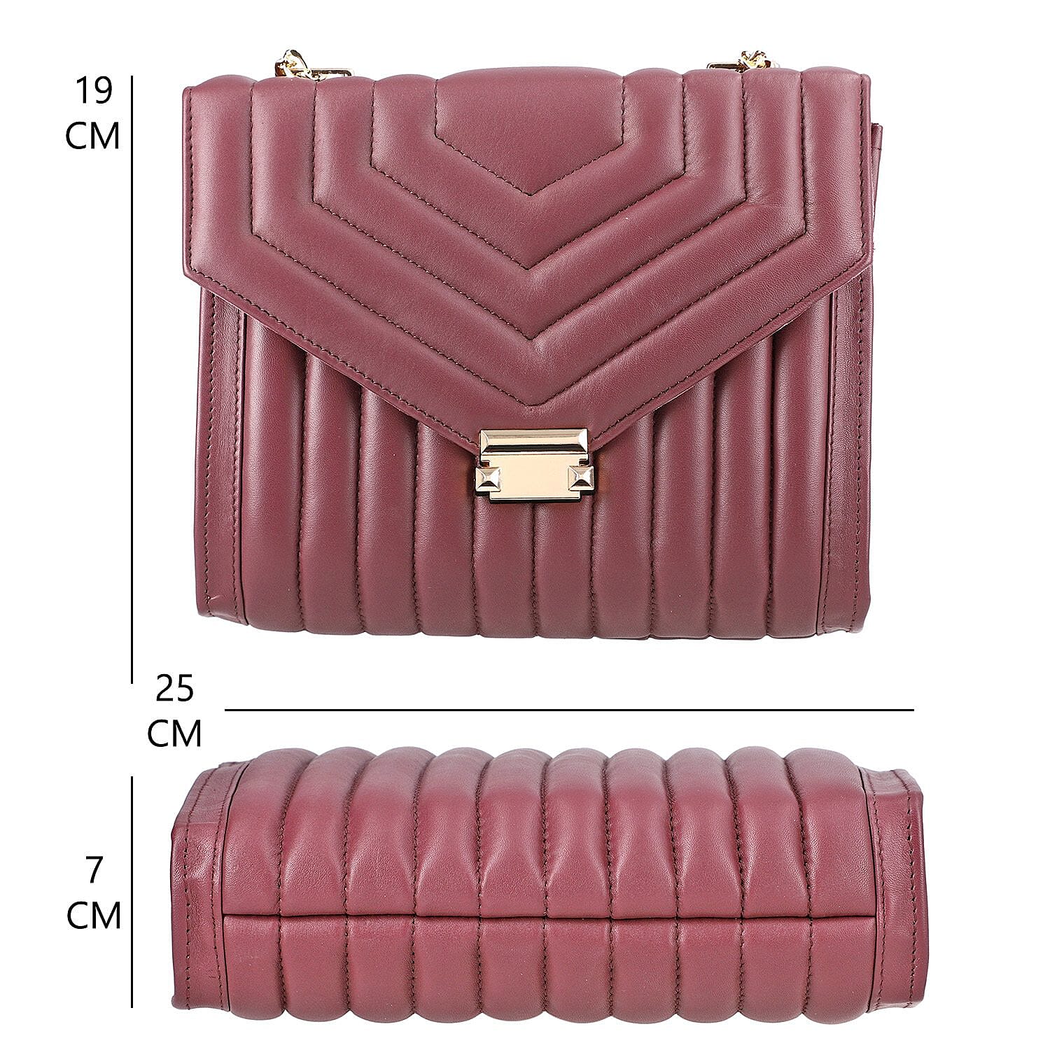 100% Genuine Leather Quilted Crossbody Bag With Curb Link Chain Strap - Maroon