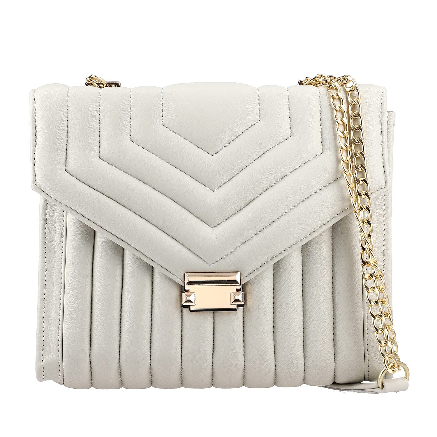 ONE TIME DEAL Designer 100% Genuine Leather Quilted Crossbody Bag With Curb Link Strap - White