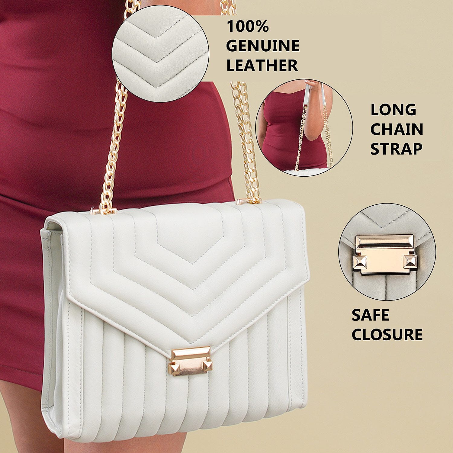 ONE TIME DEAL Designer 100% Genuine Leather Quilted Crossbody Bag With Curb Link Strap - White