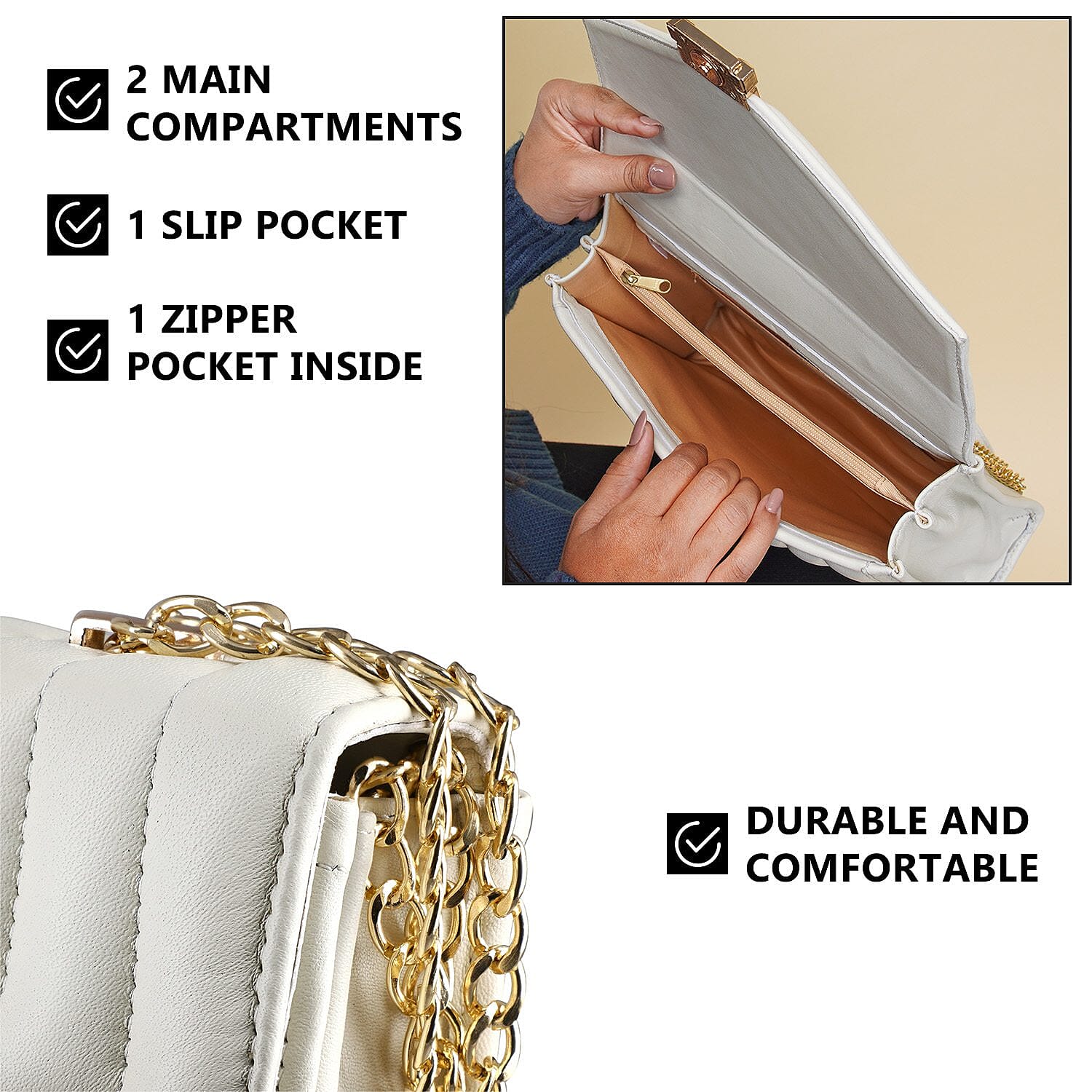 ONE TIME DEAL Designer 100% Genuine Leather Quilted Crossbody Bag With Curb Link Strap - White