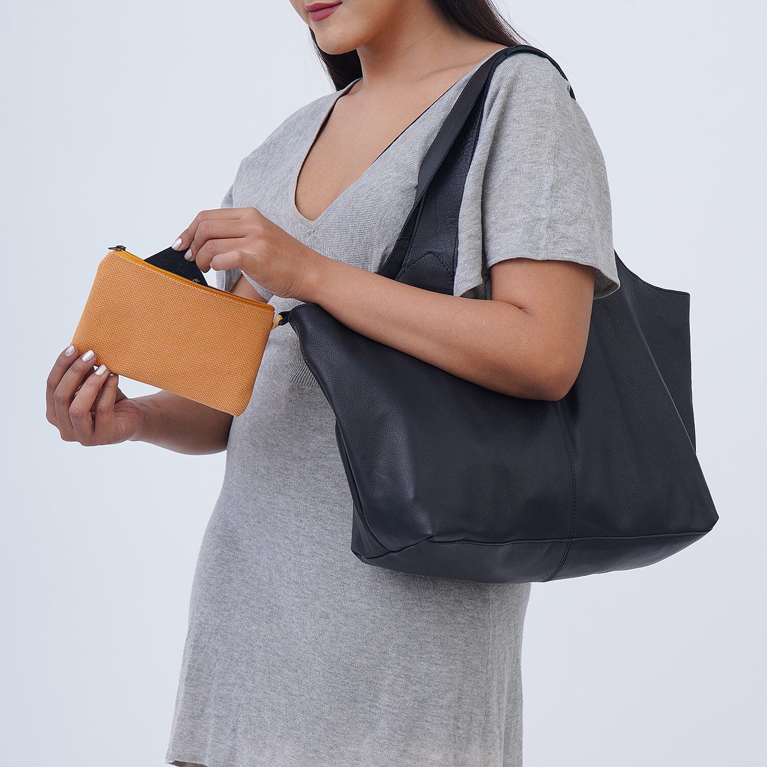 Genuine Leather Unlined Tote Bag with Fabric Pouch - Navy Blue