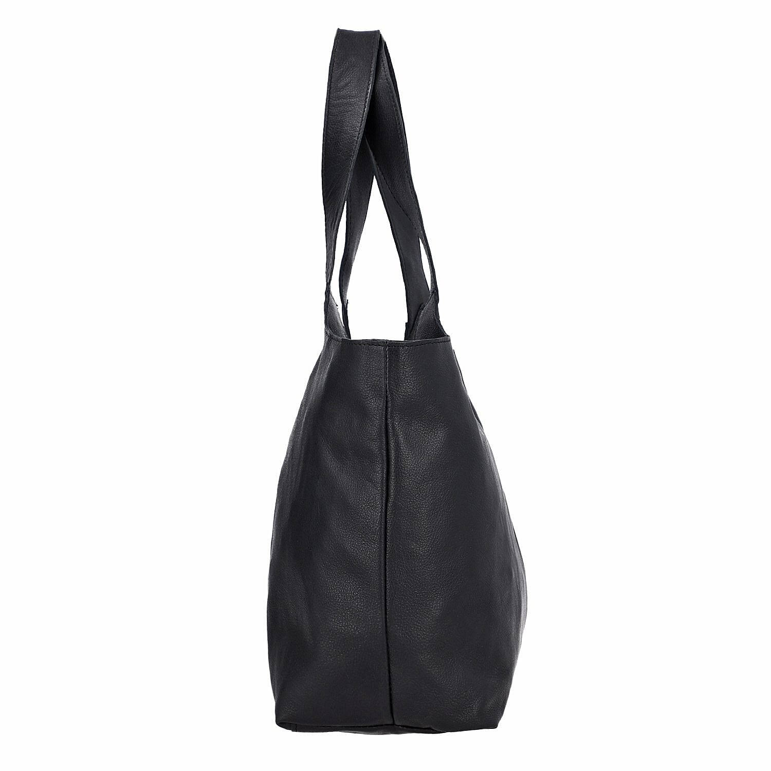 Genuine Leather Unlined Tote Bag with Fabric Pouch - Navy Blue