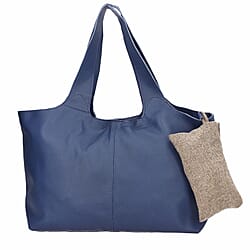 Genuine Leather Unlined Tote Bag with Fabric Pouch - Navy Blue