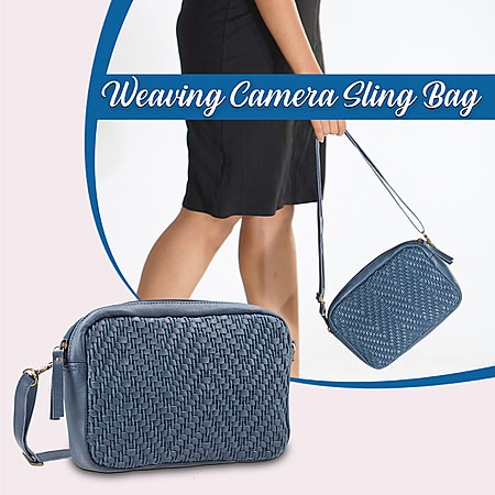 100% Genuine Leather Front Weaving Sling Crossbody Bag - Blue