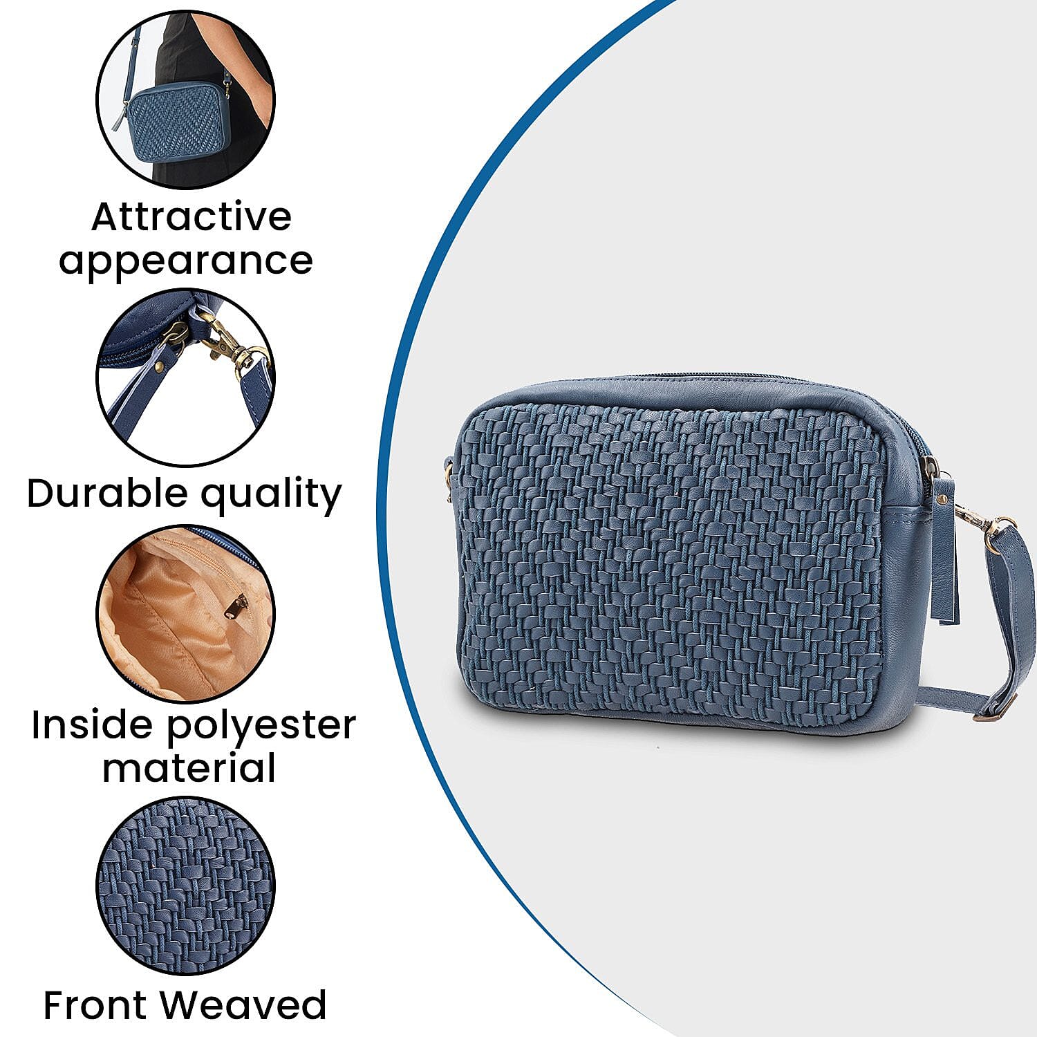 Genuine Leather Front Weaving Sling Crossbody Bag - Brown