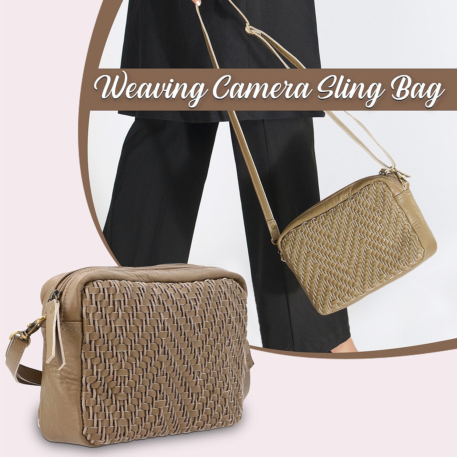 100% Genuine Leather Front Weaving Sling Crossbody Bag - Brown