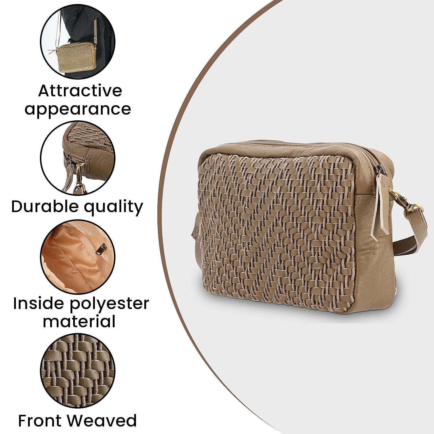 100% Genuine Leather Front Weaving Sling Crossbody Bag - Brown