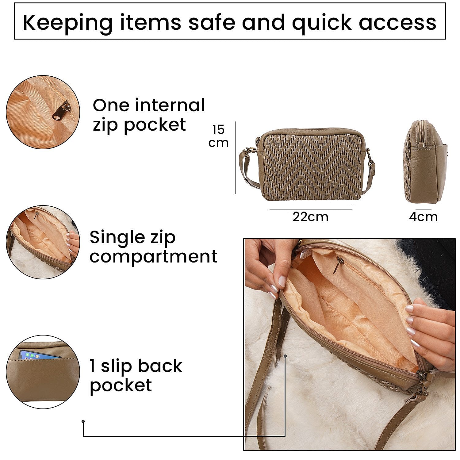 100% Genuine Leather Front Weaving Sling Crossbody Bag - Brown