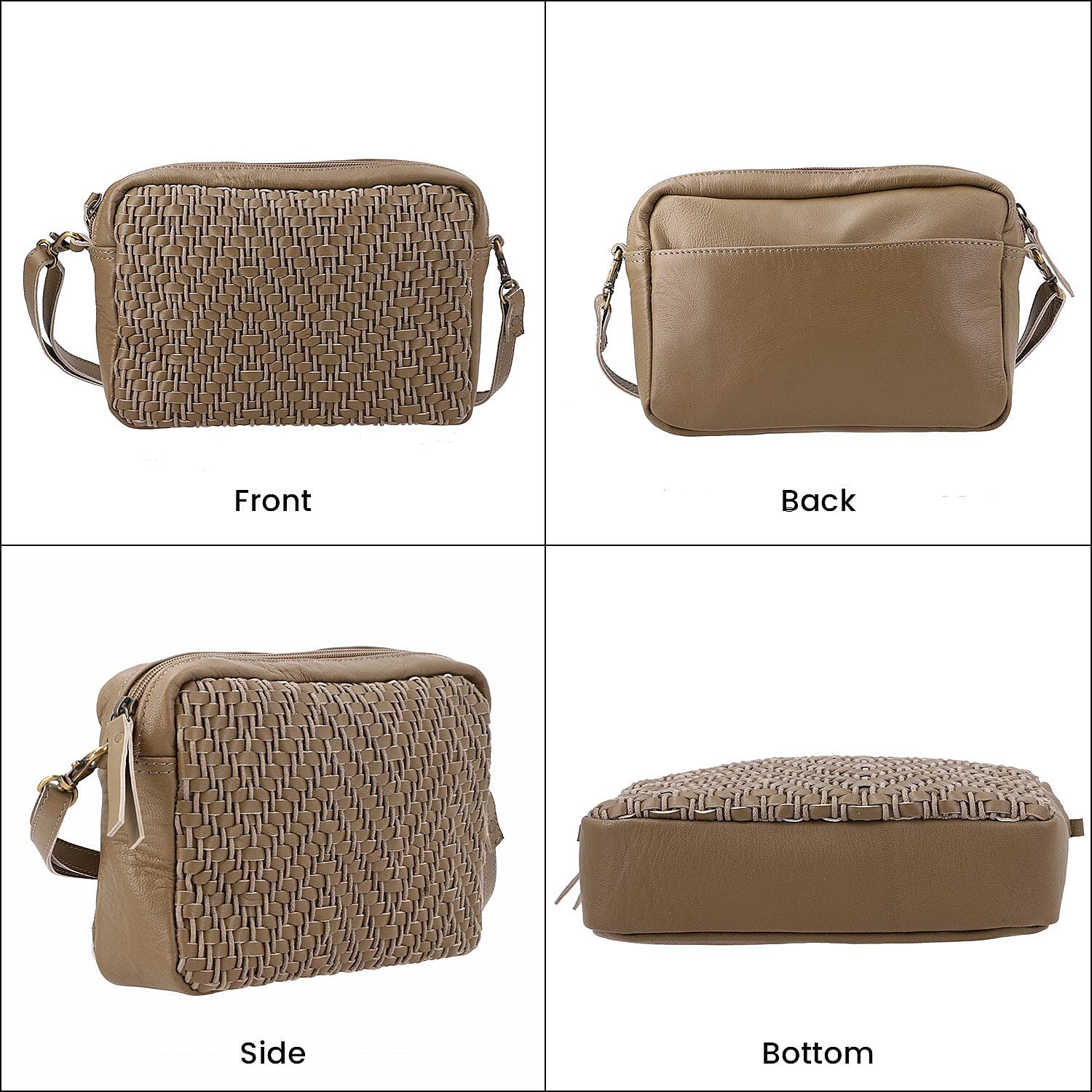 100% Genuine Leather Front Weaving Sling Crossbody Bag - Brown