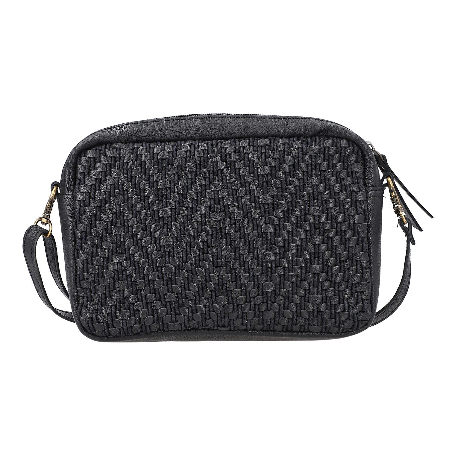 100% Genuine Leather Front Weaving Sling Crossbody Bag - Black