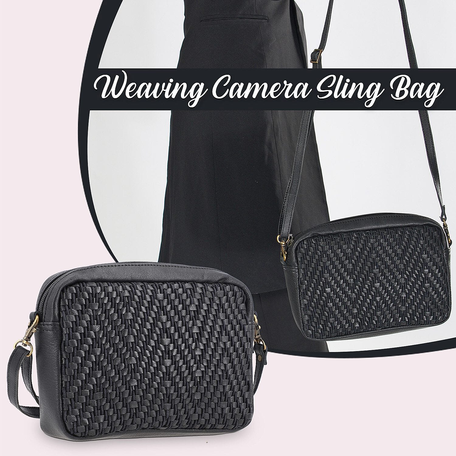 100% Genuine Leather Front Weaving Sling Crossbody Bag - Black