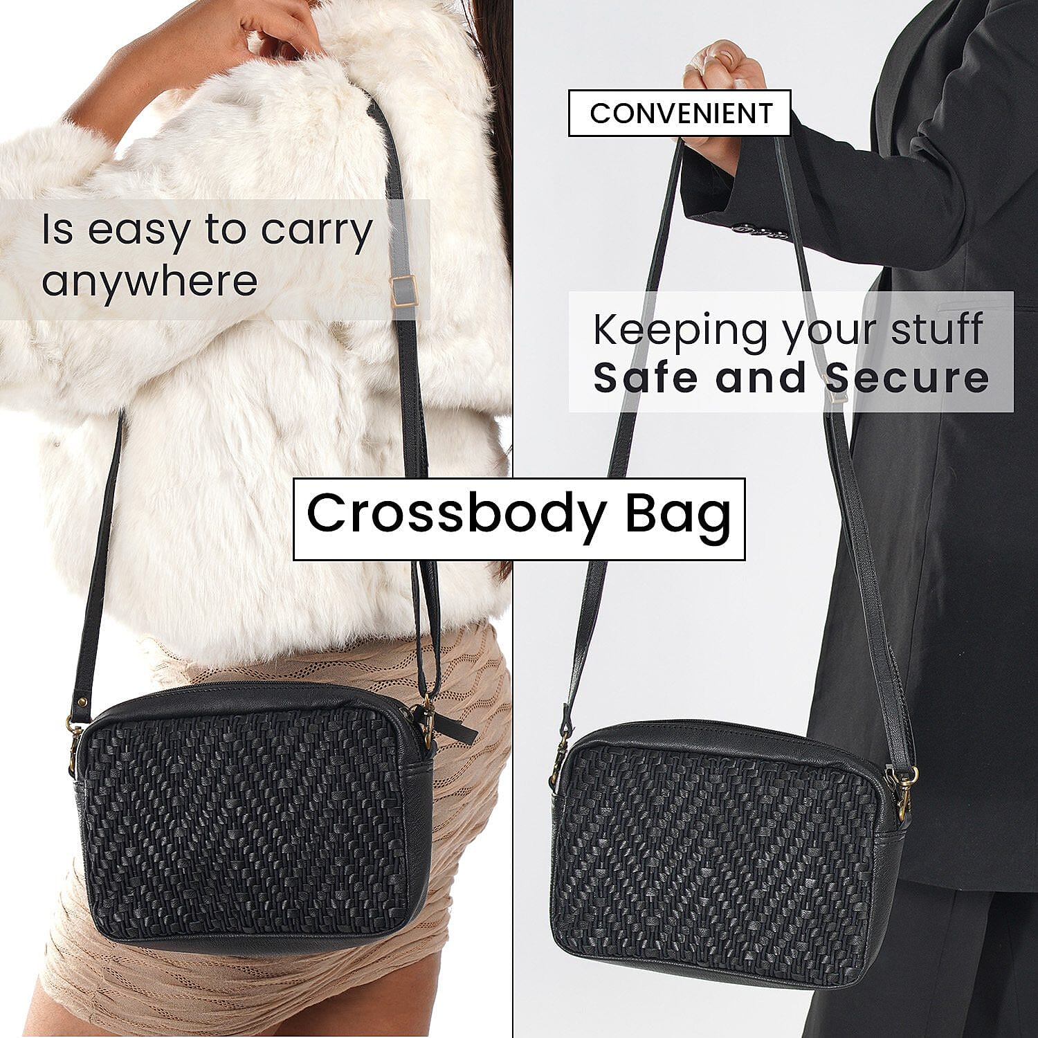 100% Genuine Leather Front Weaving Sling Crossbody Bag - Black