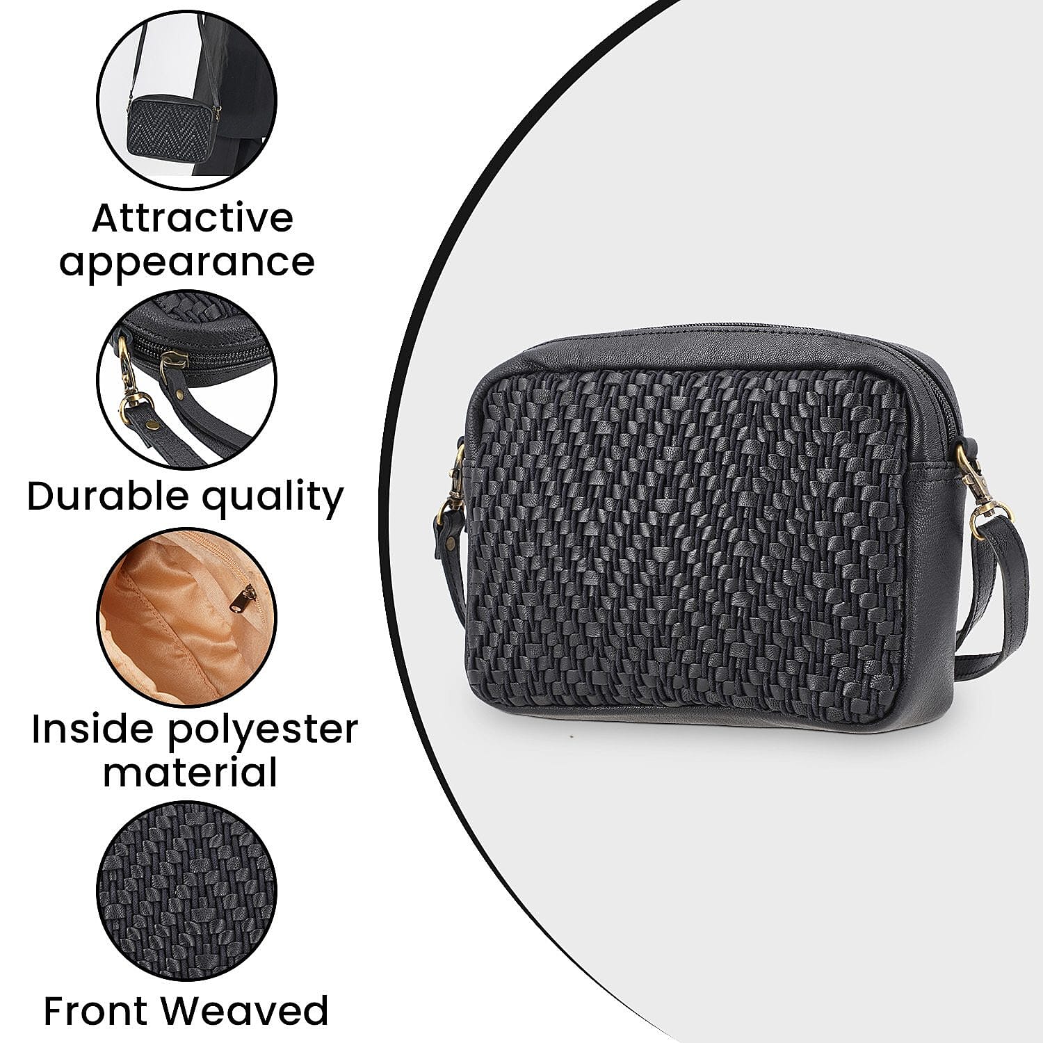 100% Genuine Leather Front Weaving Sling Crossbody Bag - Black