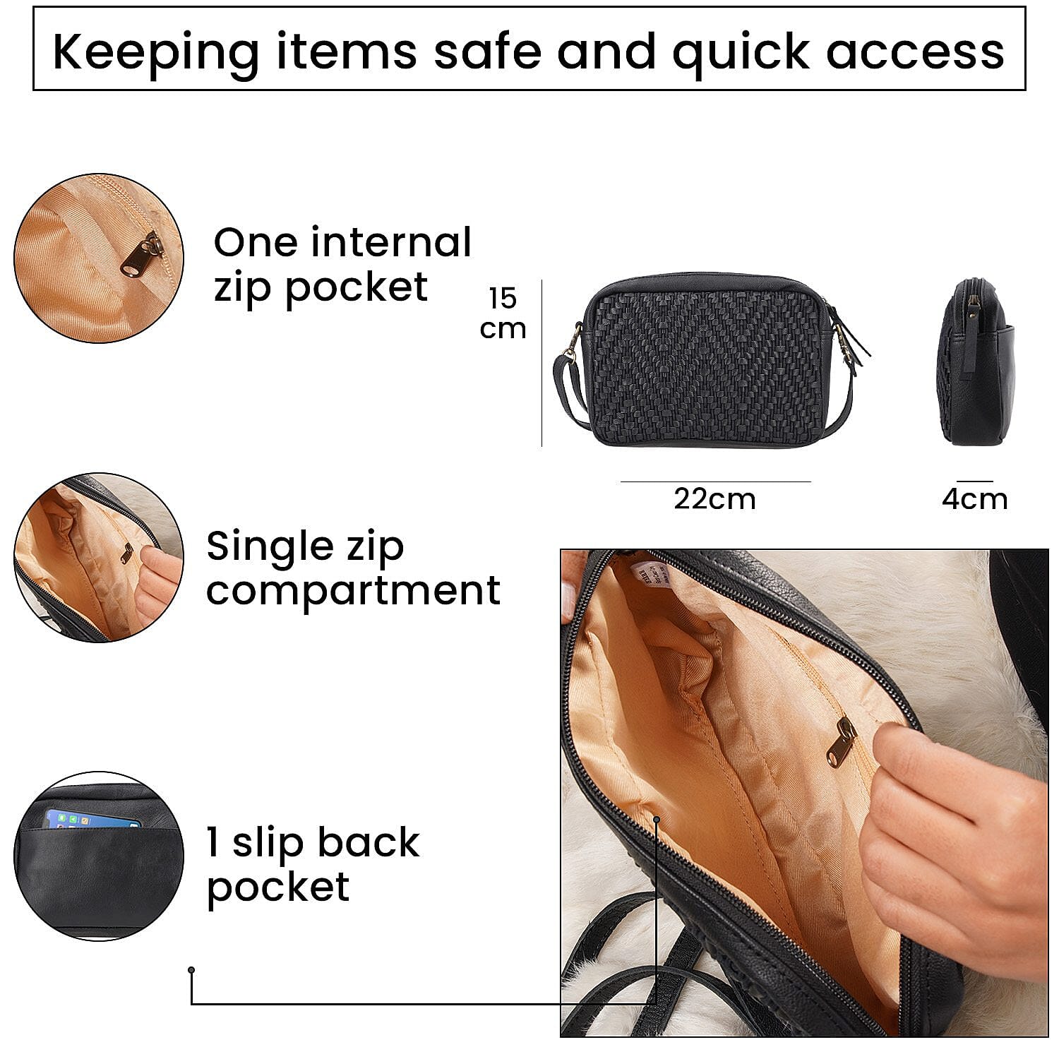 100% Genuine Leather Front Weaving Sling Crossbody Bag - Black