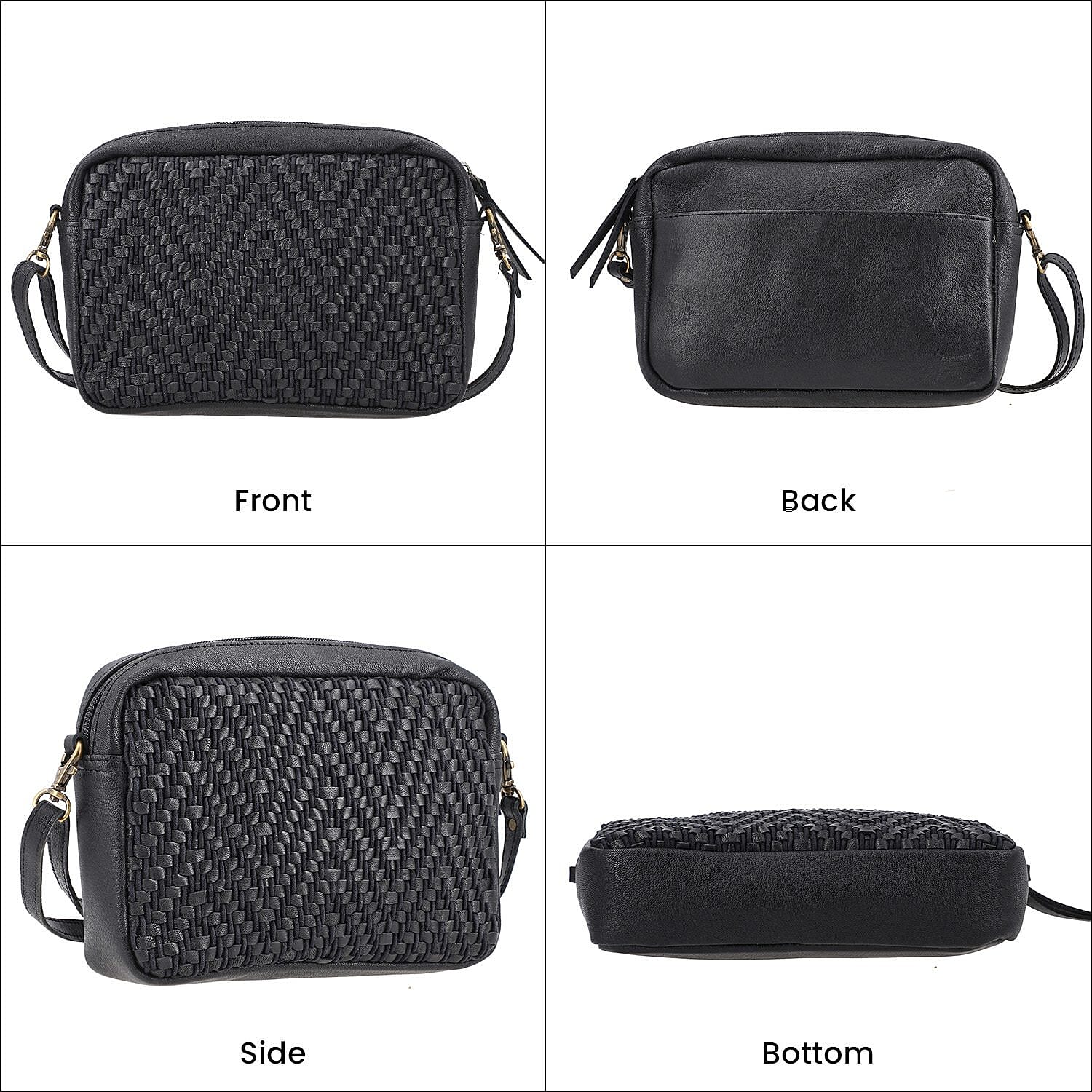 100% Genuine Leather Front Weaving Sling Crossbody Bag - Black