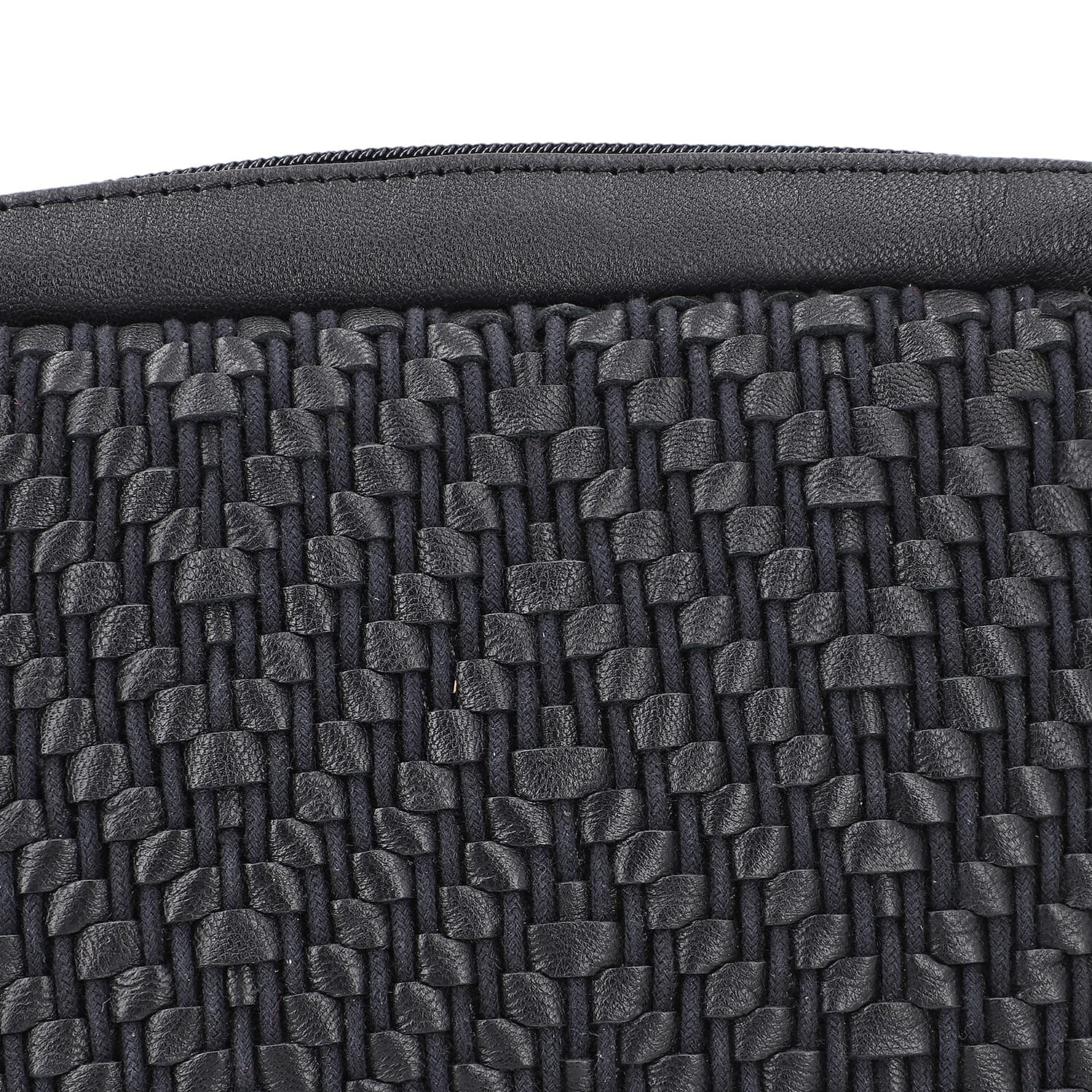 100% Genuine Leather Front Weaving Sling Crossbody Bag - Black