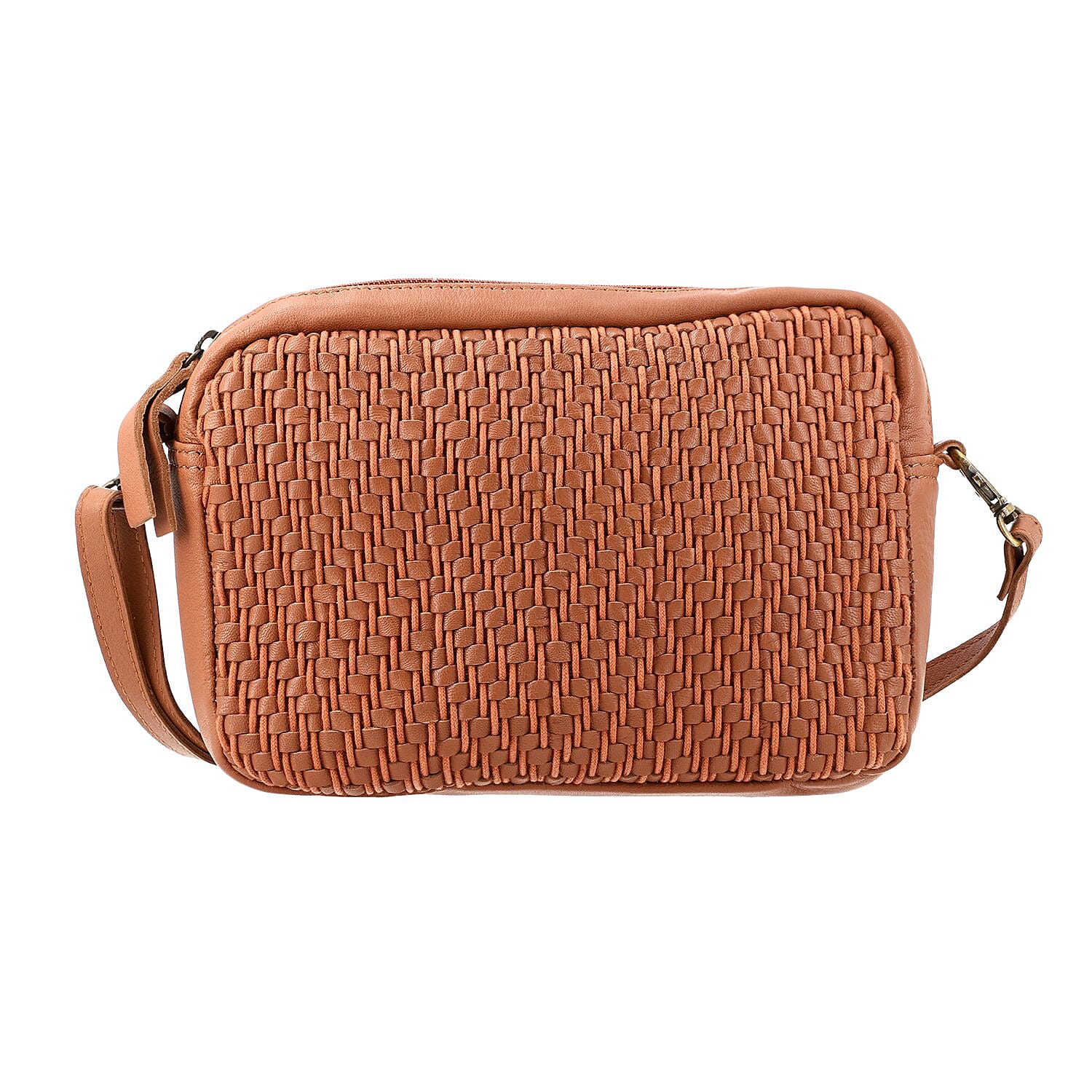 100% Genuine Leather Front Weaving Sling Crossbody Bag - Tan