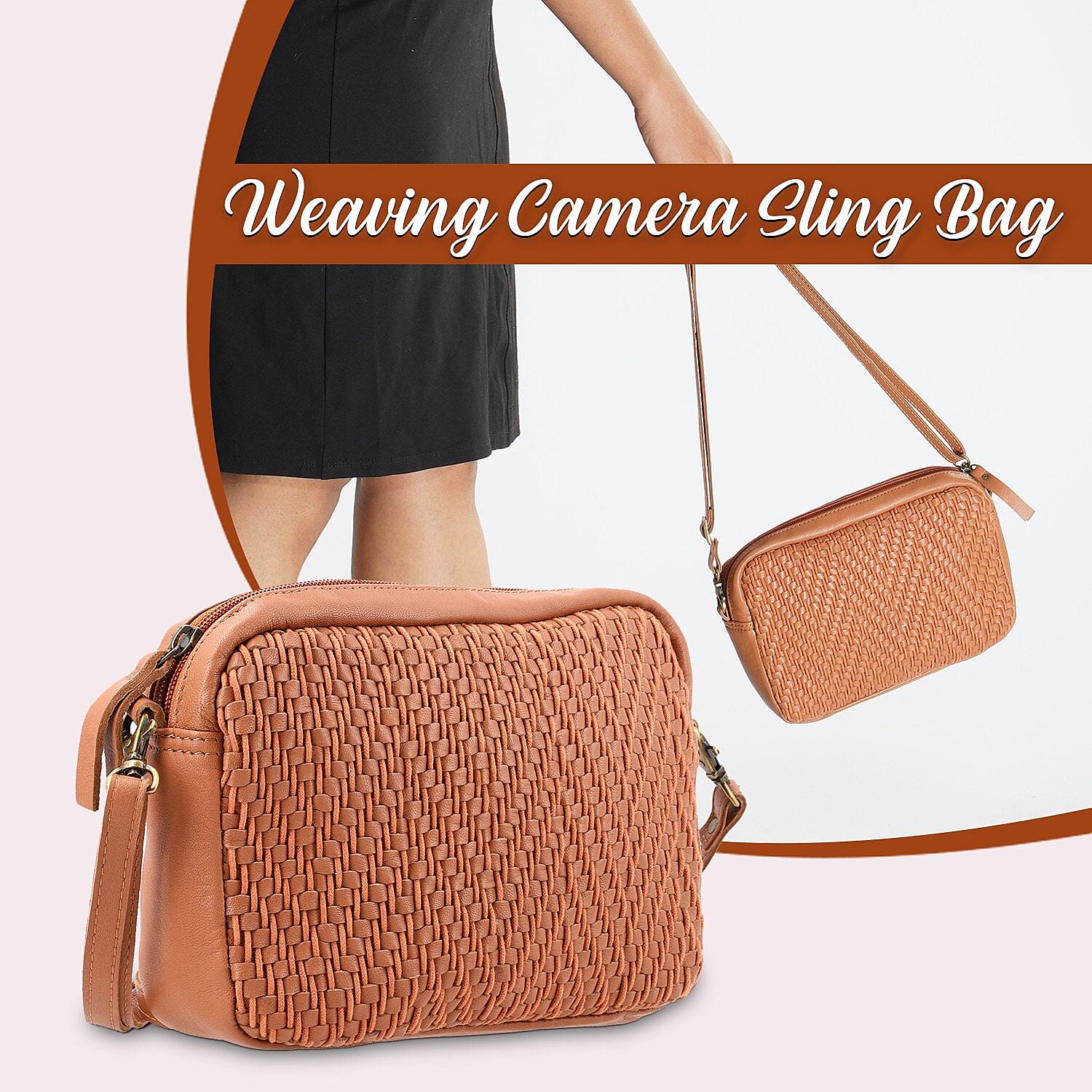 100% Genuine Leather Front Weaving Sling Crossbody Bag - Tan