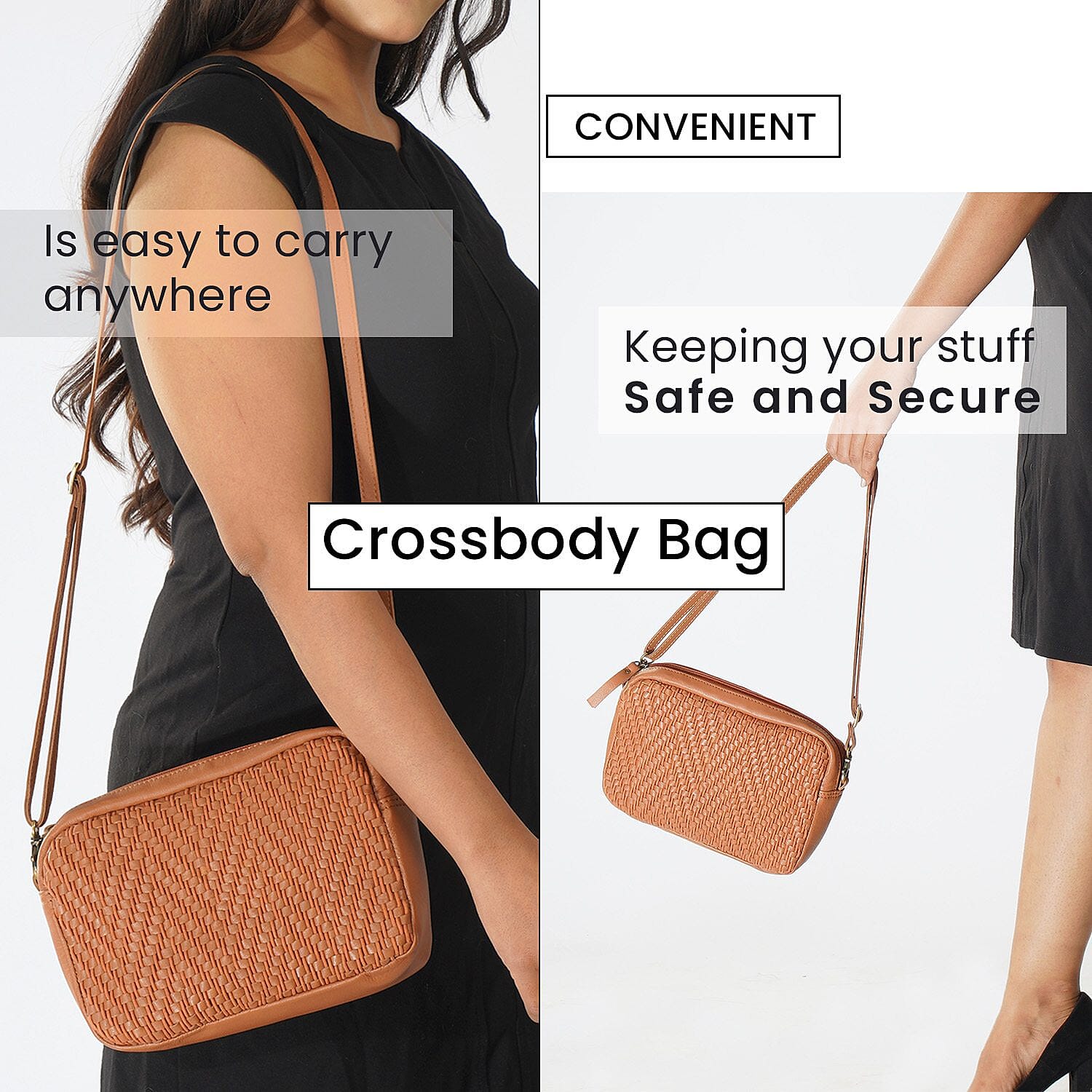 100% Genuine Leather Front Weaving Sling Crossbody Bag - Tan