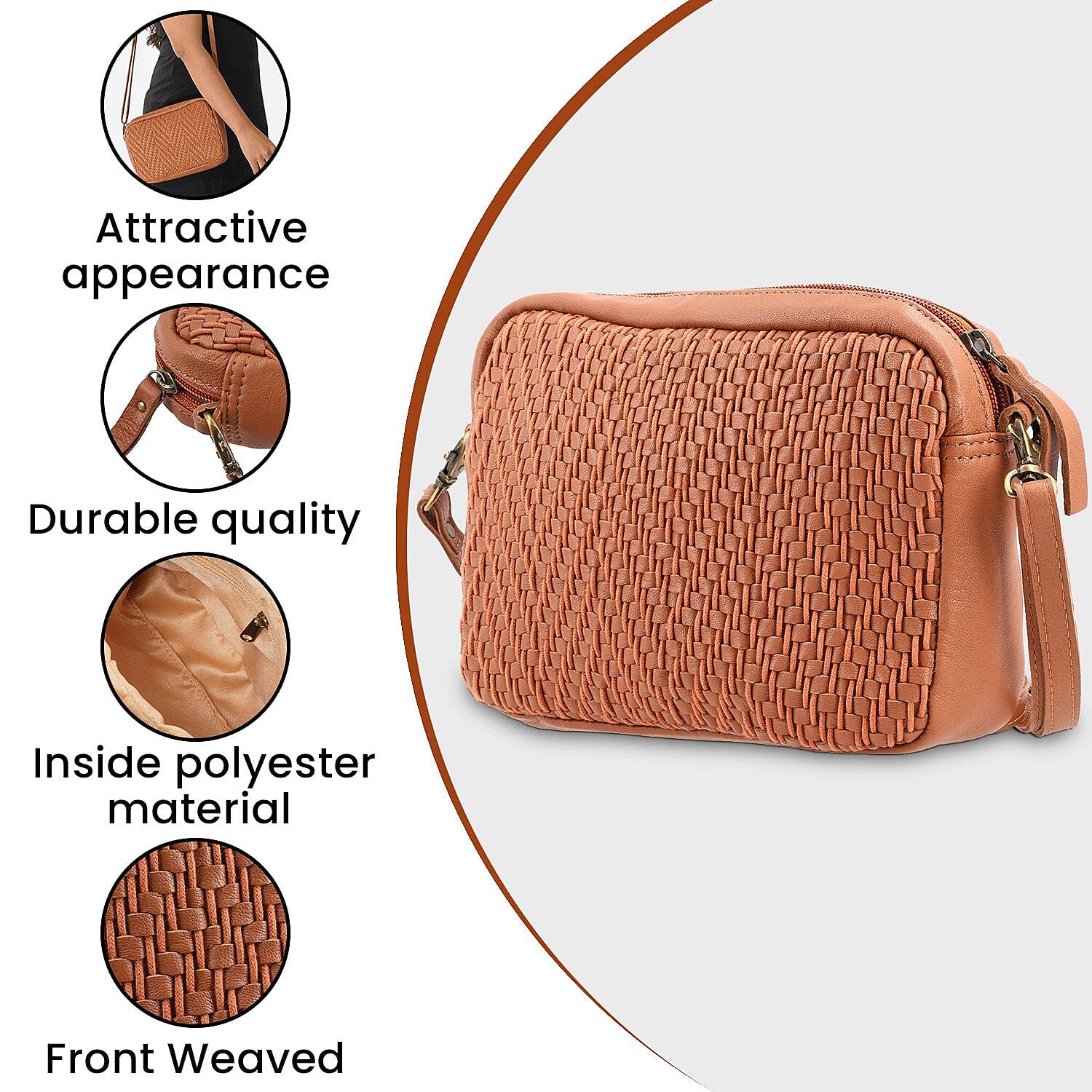 100% Genuine Leather Front Weaving Sling Crossbody Bag - Tan