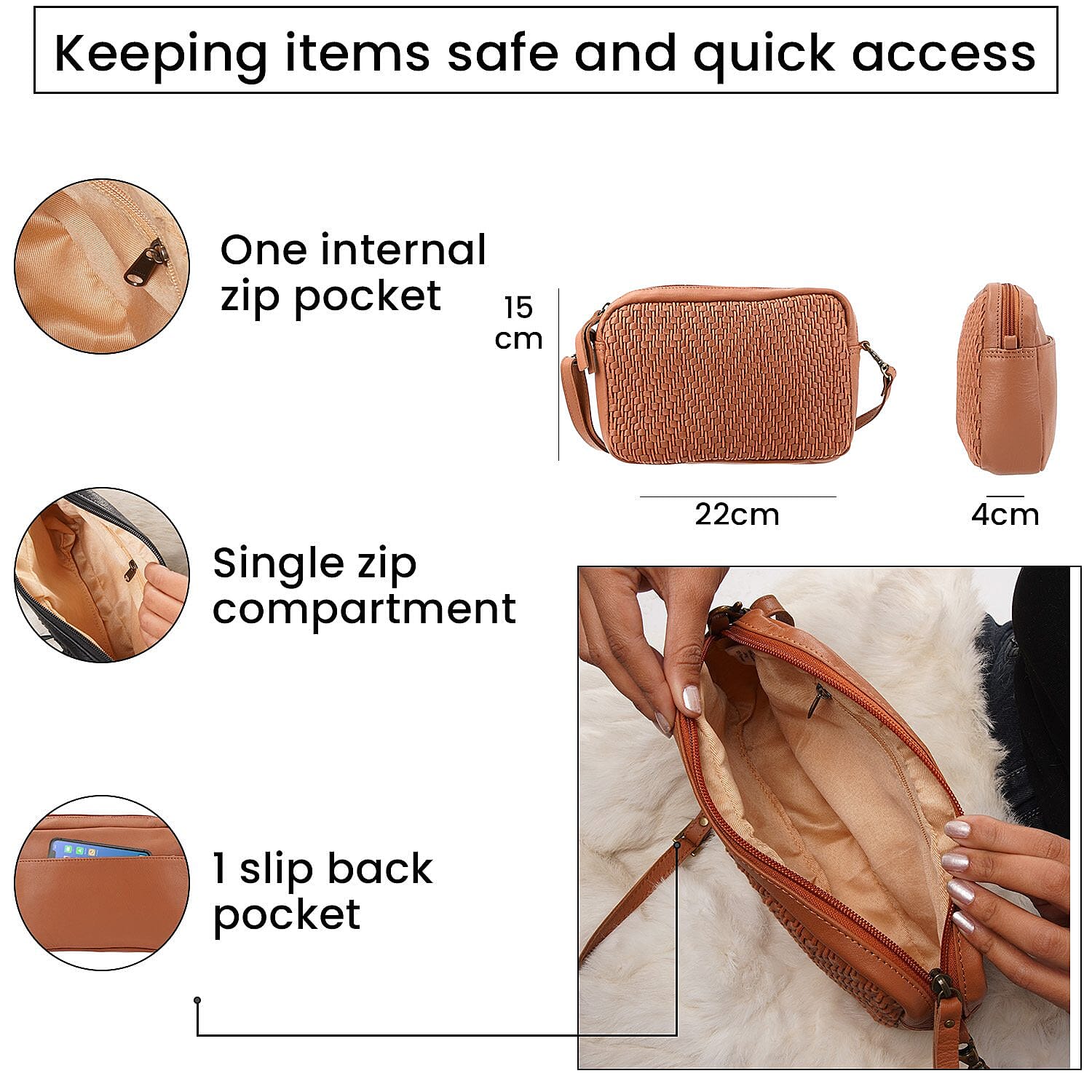 100% Genuine Leather Front Weaving Sling Crossbody Bag - Tan