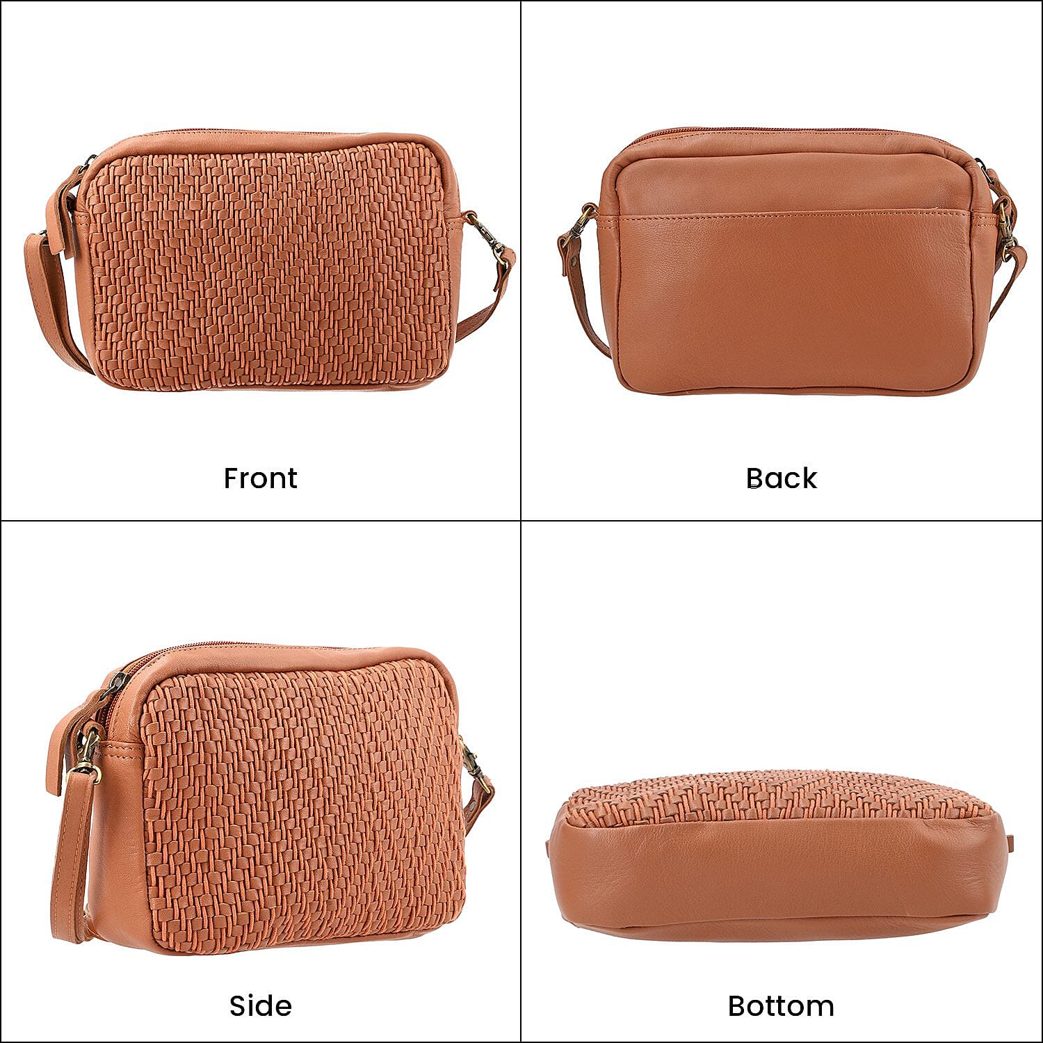 100% Genuine Leather Front Weaving Sling Crossbody Bag - Tan