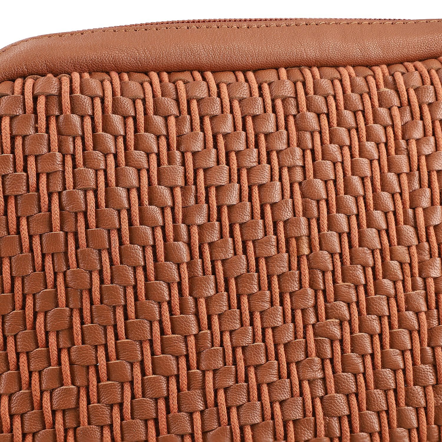 100% Genuine Leather Front Weaving Sling Crossbody Bag - Tan