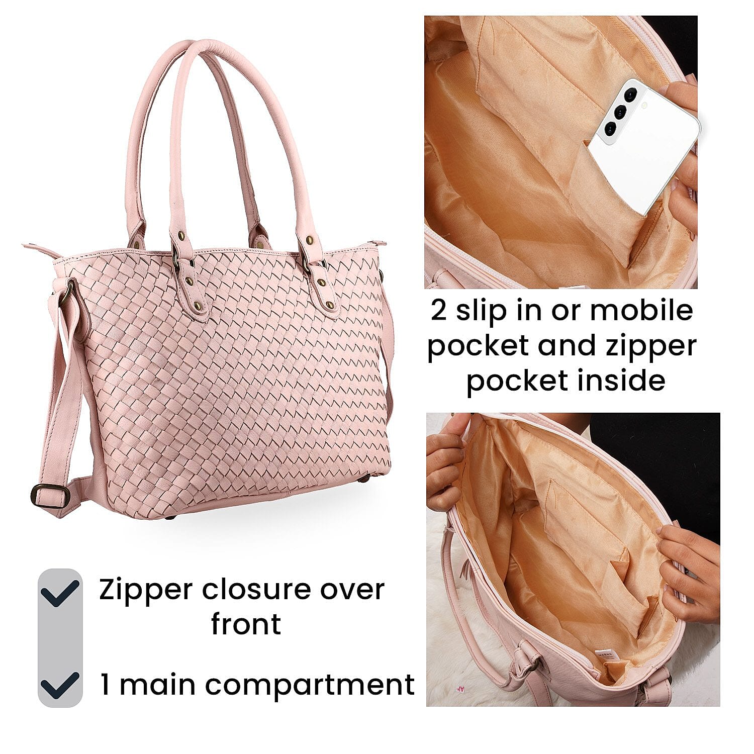 100% Genuine Leather Weaved Shoulder Bag - Light Pink