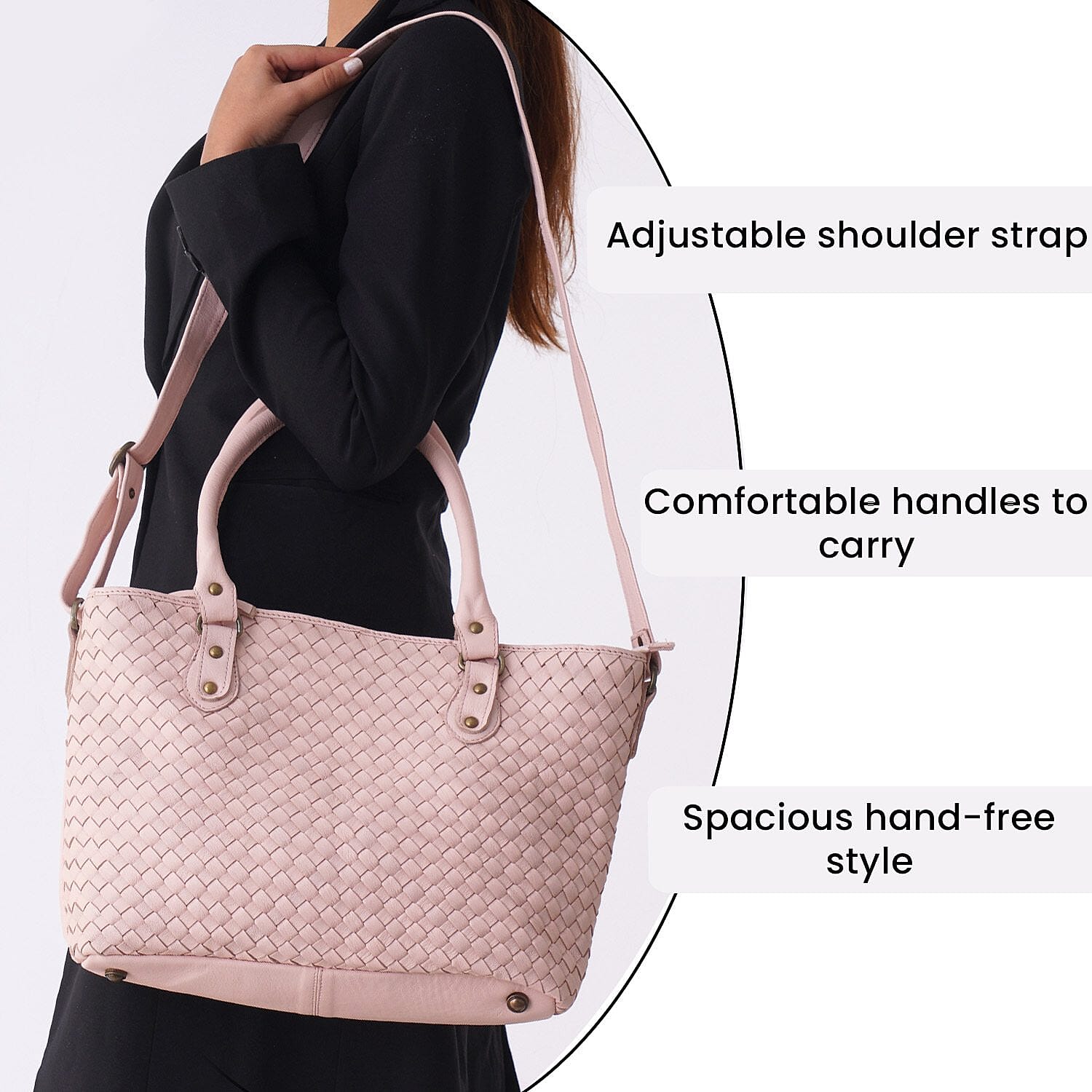 100% Genuine Leather Weaved Shoulder Bag - Light Pink