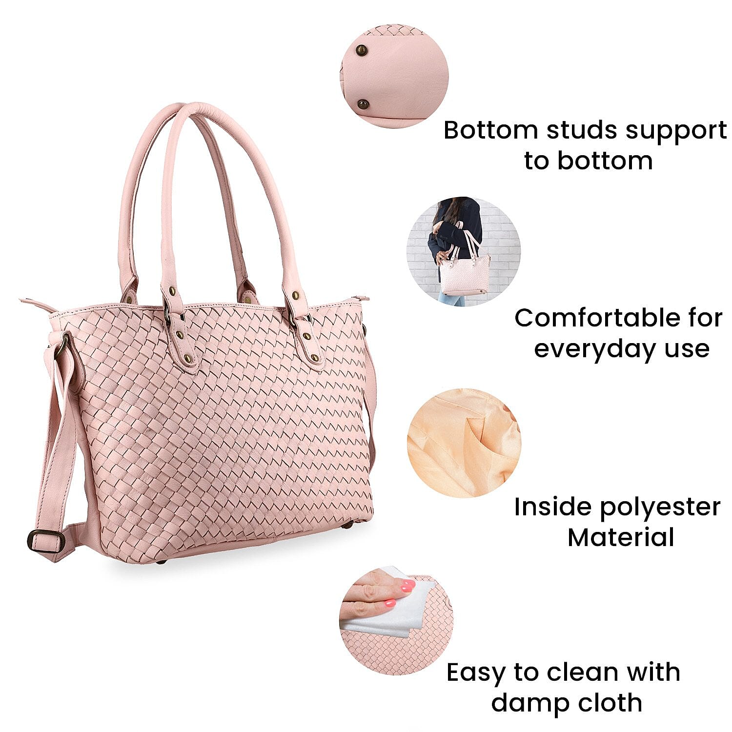 100% Genuine Leather Weaved Shoulder Bag - Light Pink