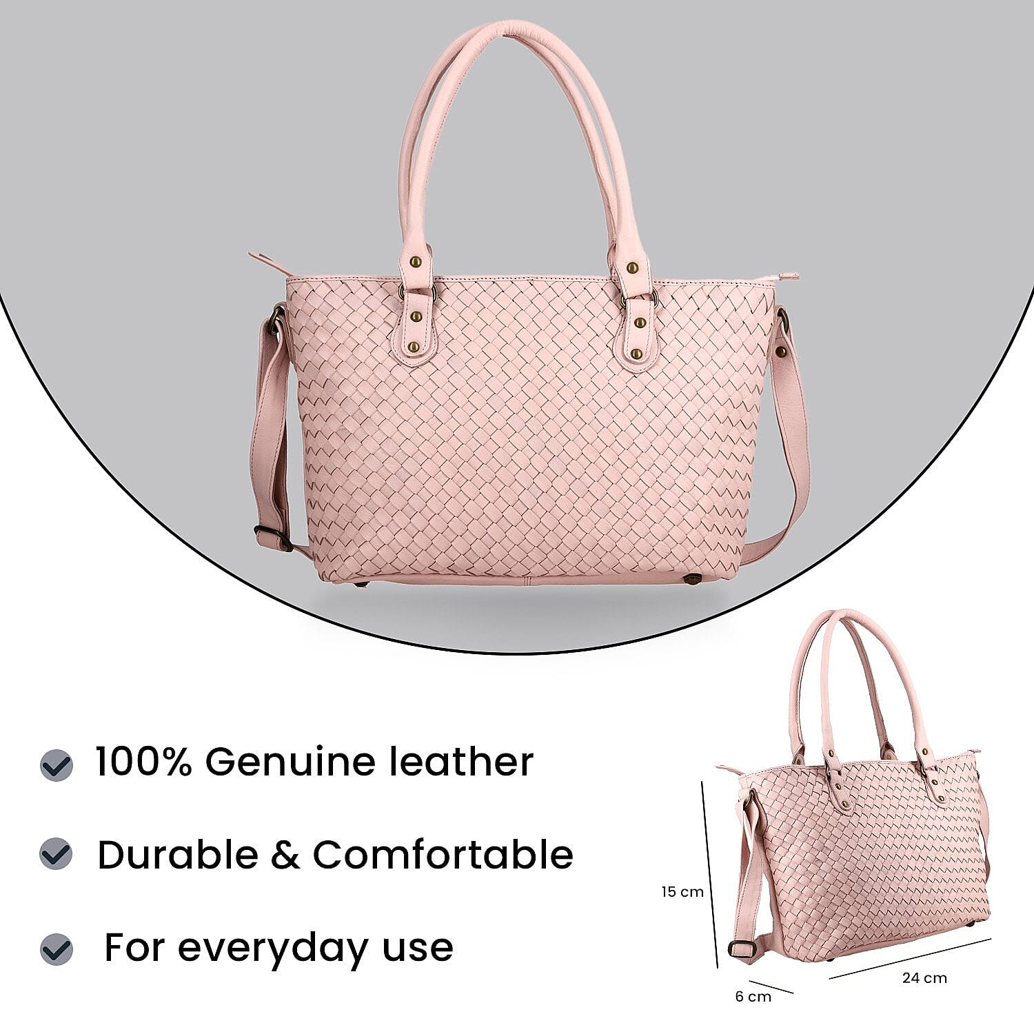 100% Genuine Leather Weaved Shoulder Bag - Light Pink