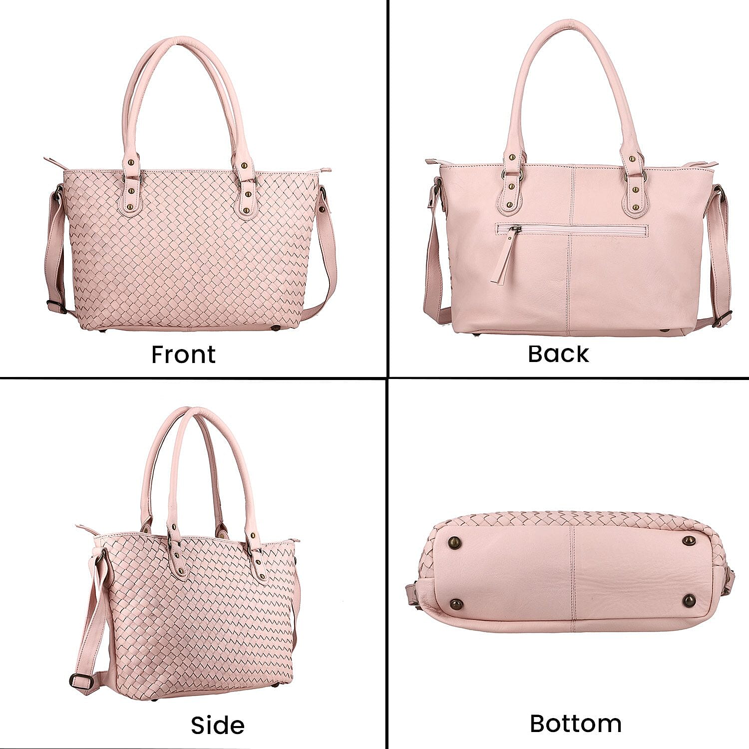 100% Genuine Leather Weaved Shoulder Bag - Light Pink