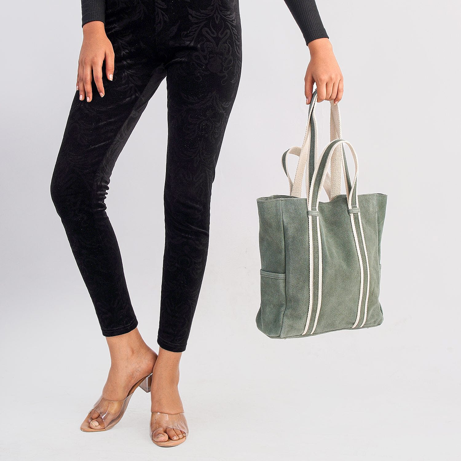 100% Genuine Leather Suede Tote Bag (Size 30x27x10 cm) - Light Green