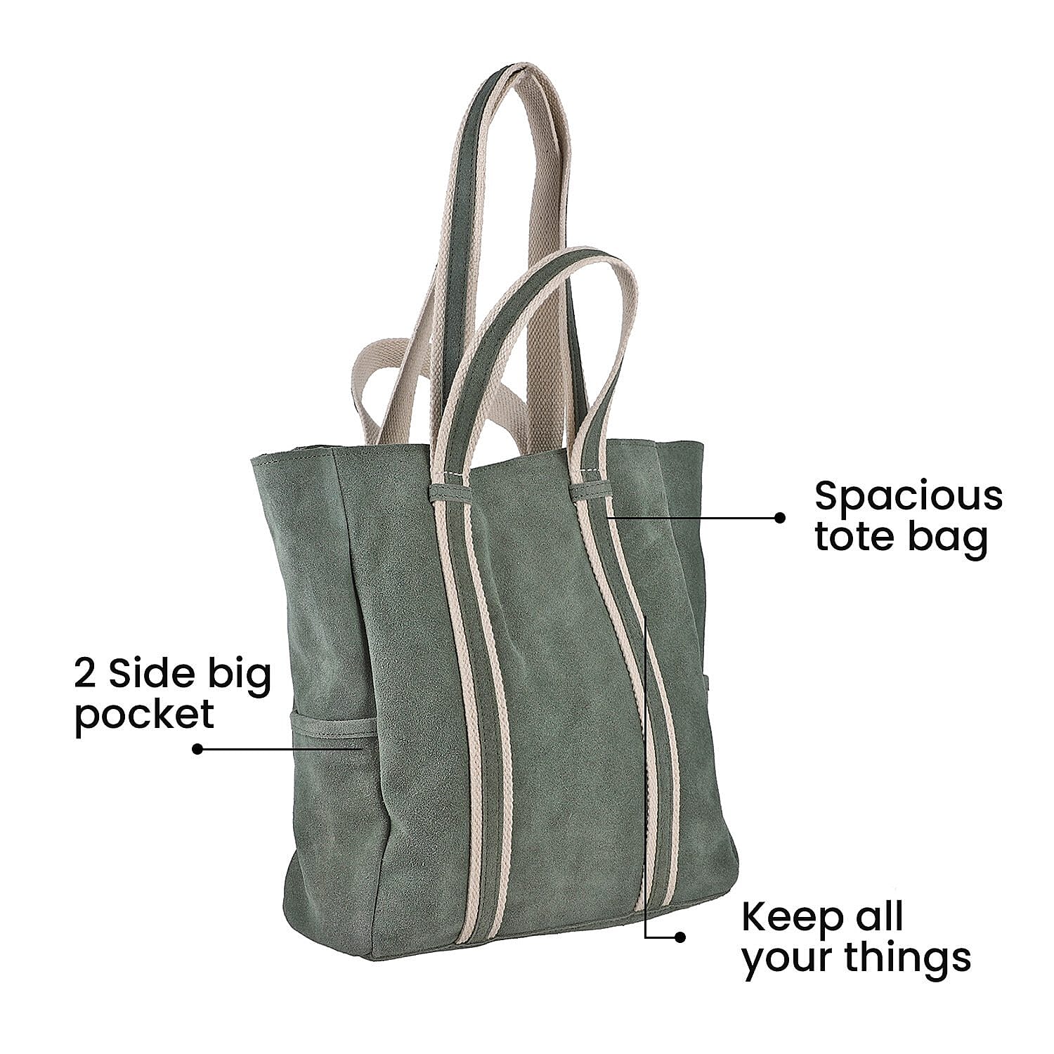 100% Genuine Leather Suede Tote Bag (Size 30x27x10 cm) - Light Green