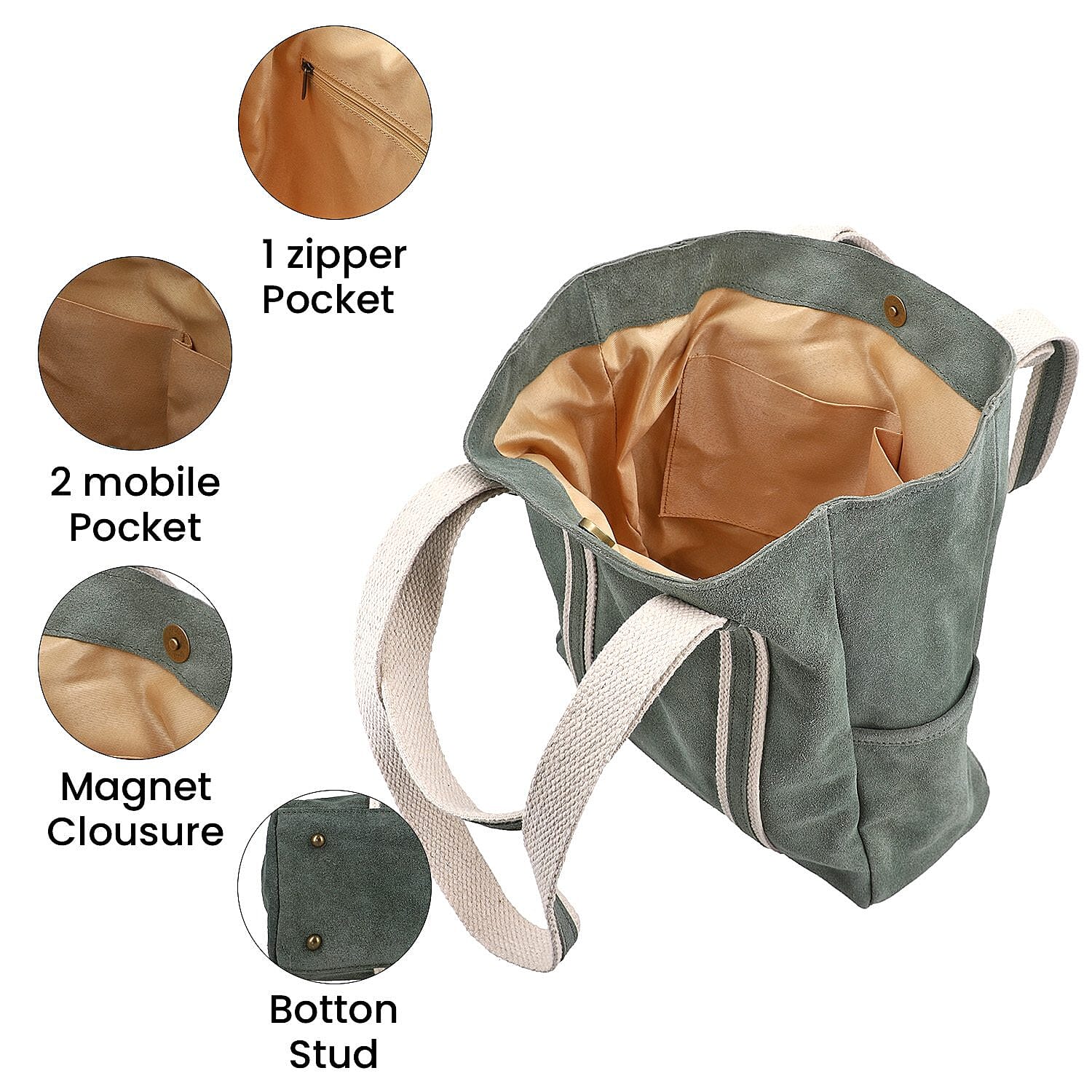 100% Genuine Leather Suede Tote Bag (Size 30x27x10 cm) - Light Green