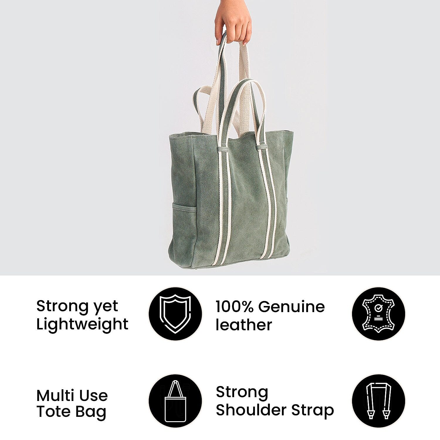 100% Genuine Leather Suede Tote Bag (Size 30x27x10 cm) - Light Green