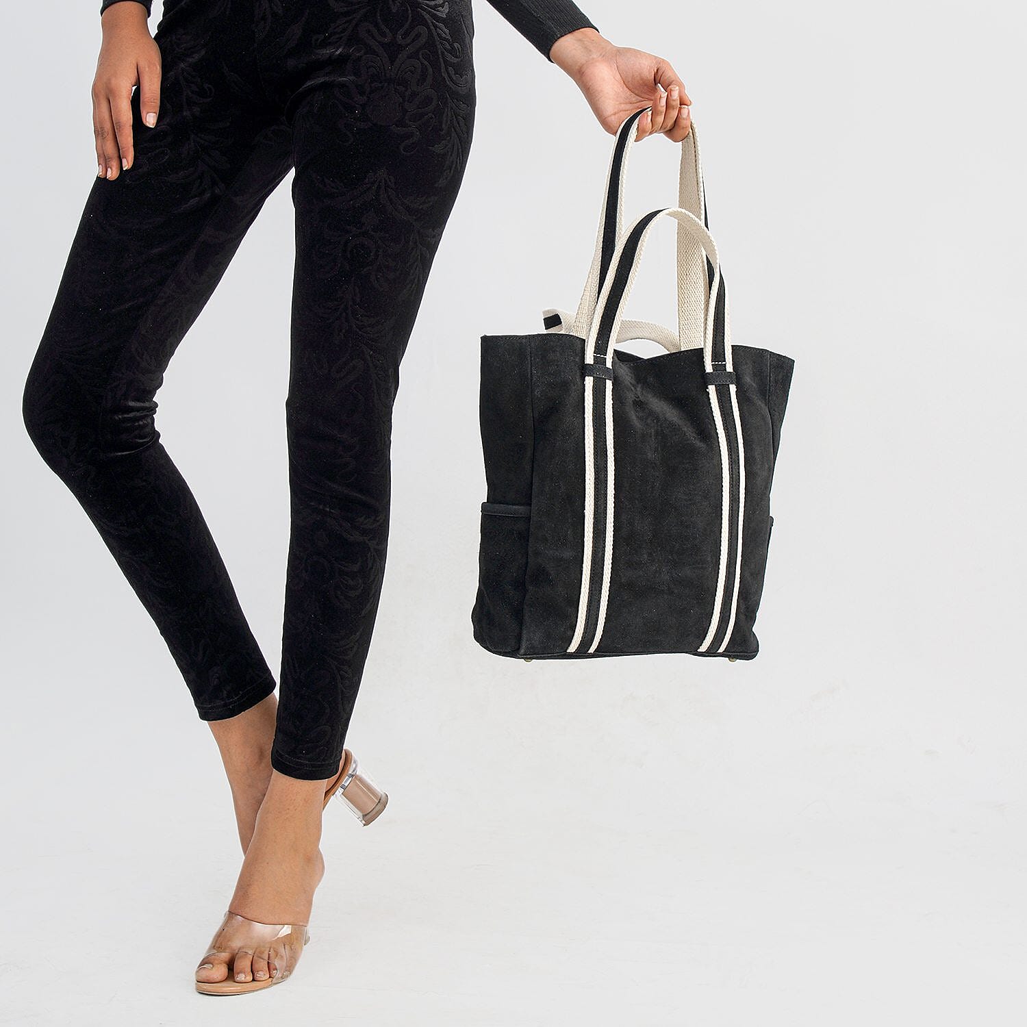 100% Genuine Leather Suede Tote Bag (Size 30x27x10 cm) - Black