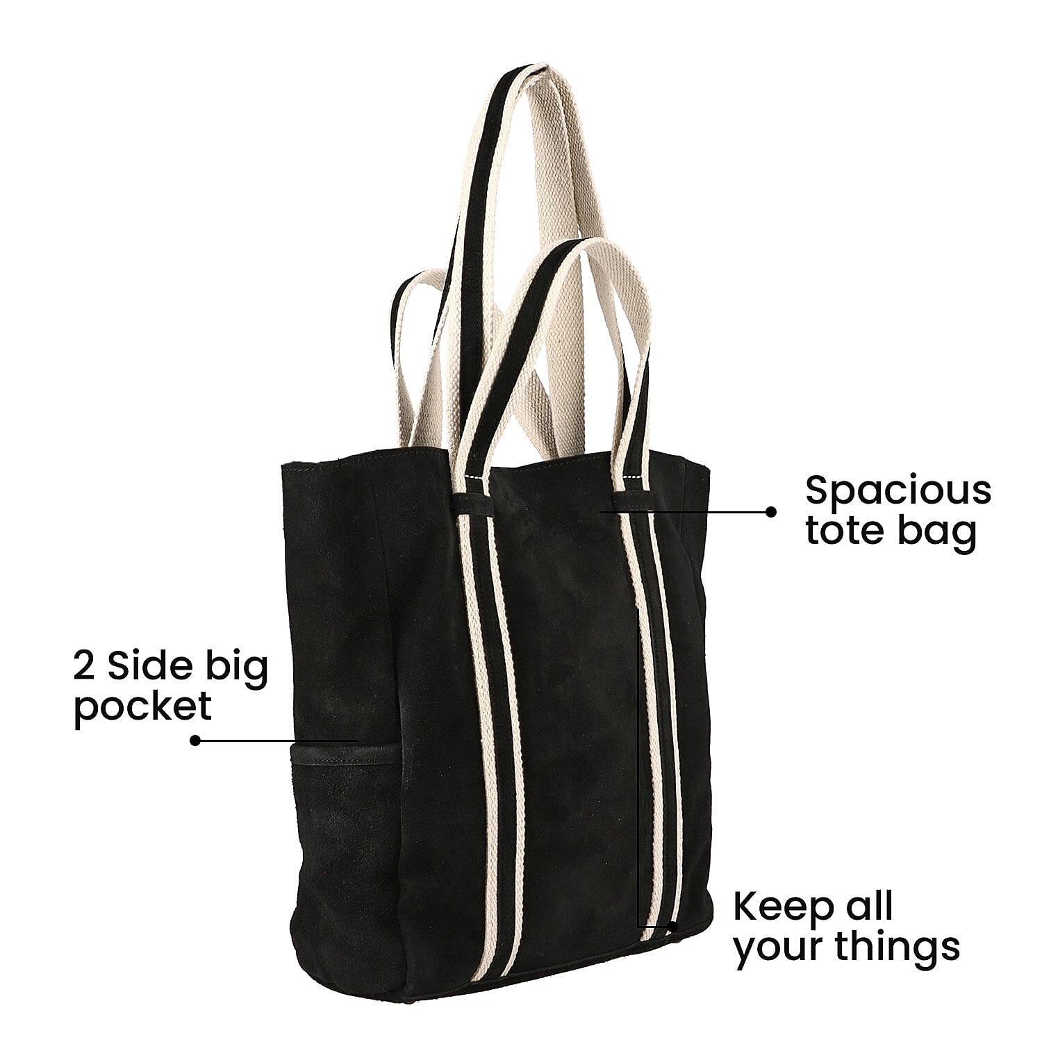 100% Genuine Leather Suede Tote Bag (Size 30x27x10 cm) - Black