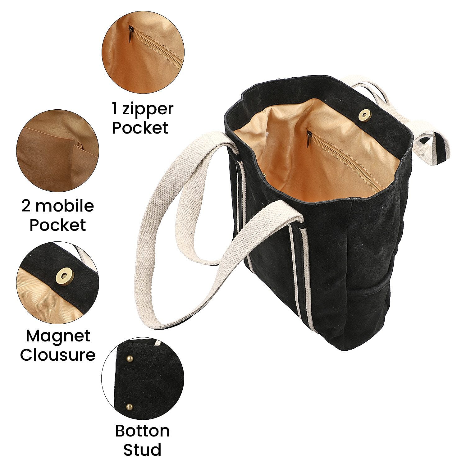 100% Genuine Leather Suede Tote Bag (Size 30x27x10 cm) - Black