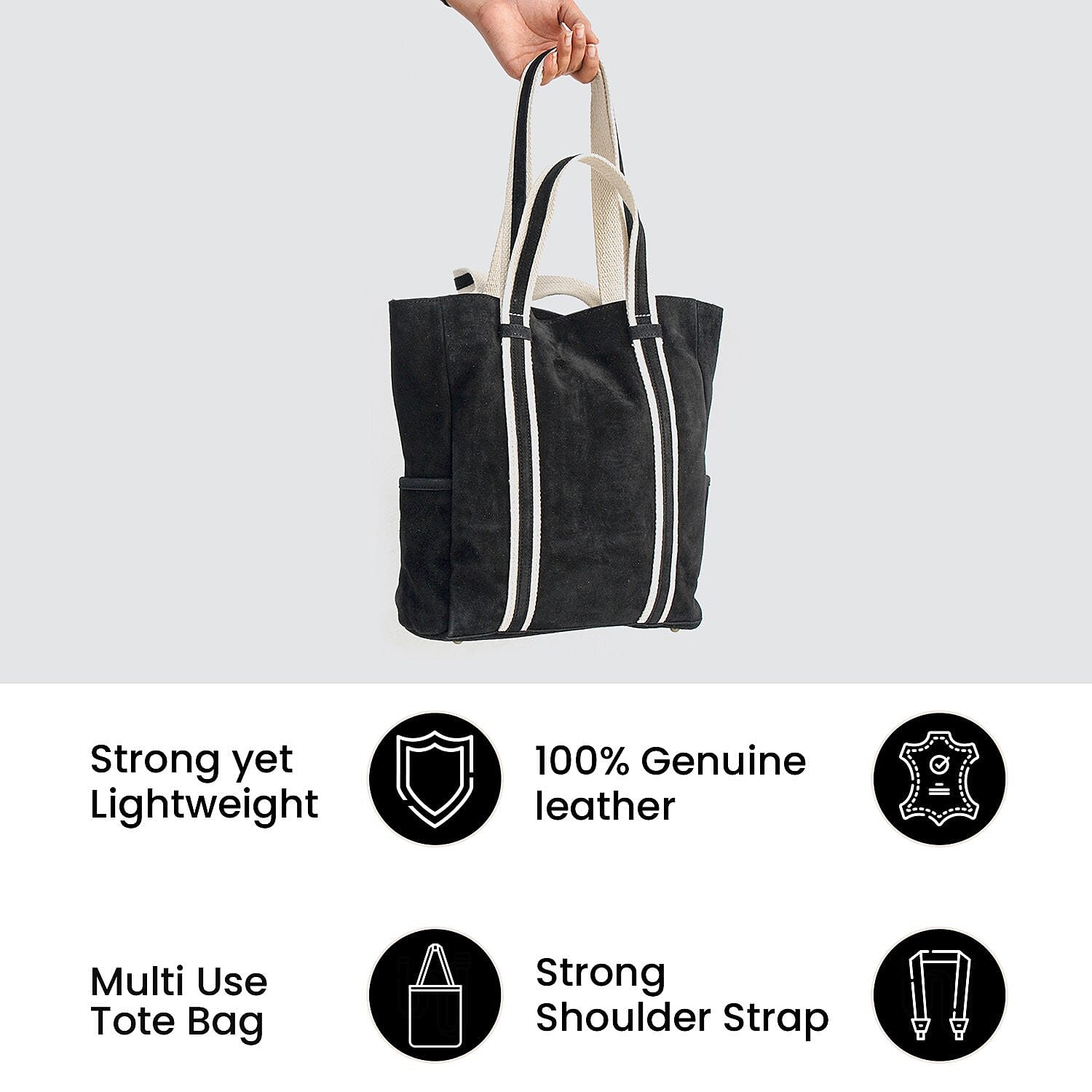 100% Genuine Leather Suede Tote Bag (Size 30x27x10 cm) - Black