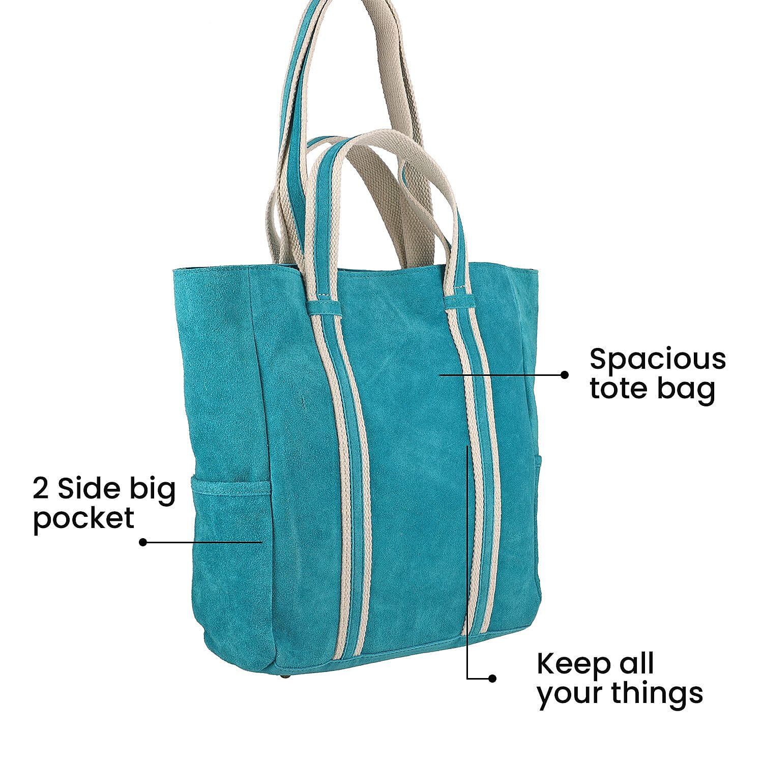 100% Genuine Leather Suede Tote Bag (Size 30x27x10 cm) - Sea Green