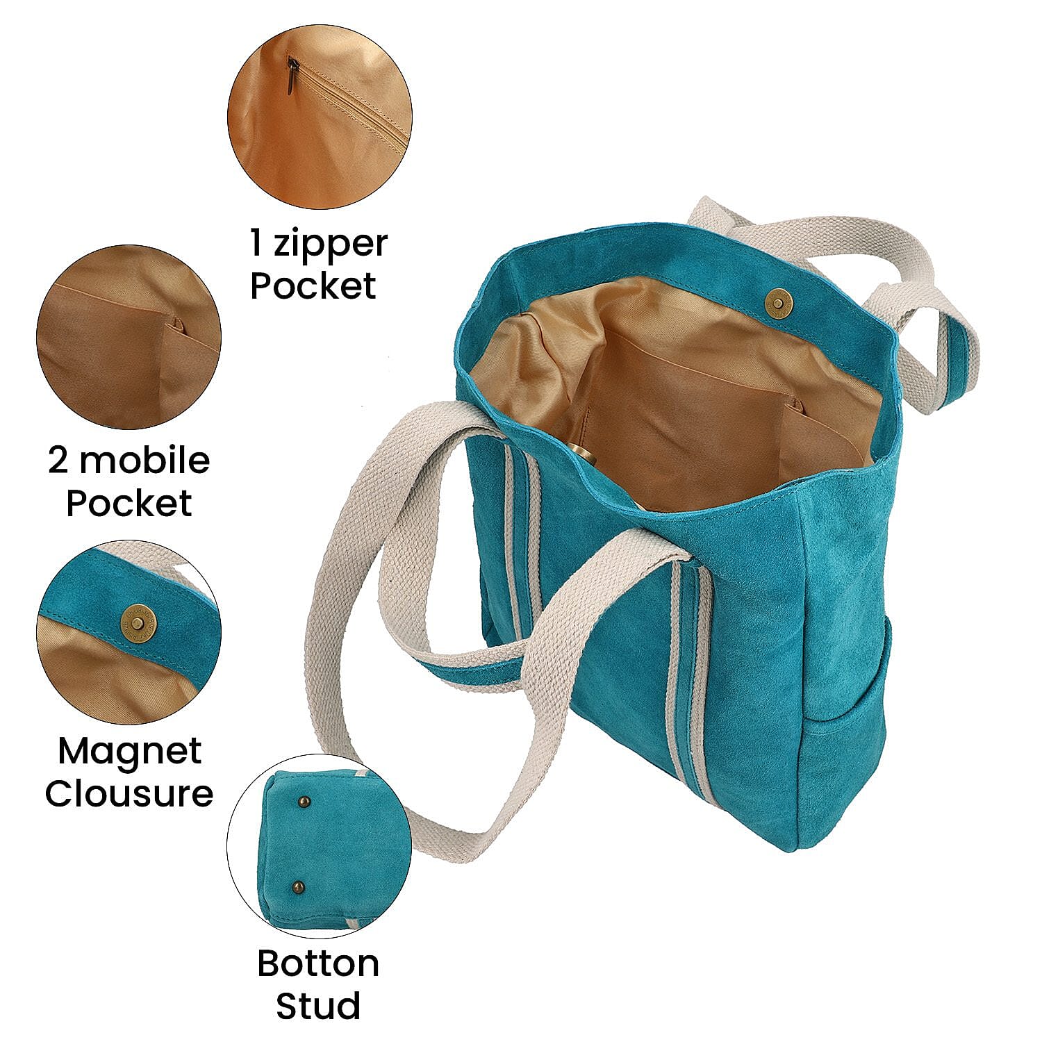 100% Genuine Leather Suede Tote Bag (Size 30x27x10 cm) - Sea Green