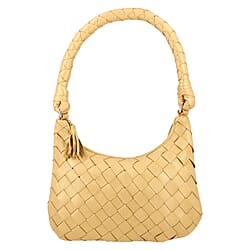 Genuine Leather Weaved Shoulder Hobo Bag - Light Brown