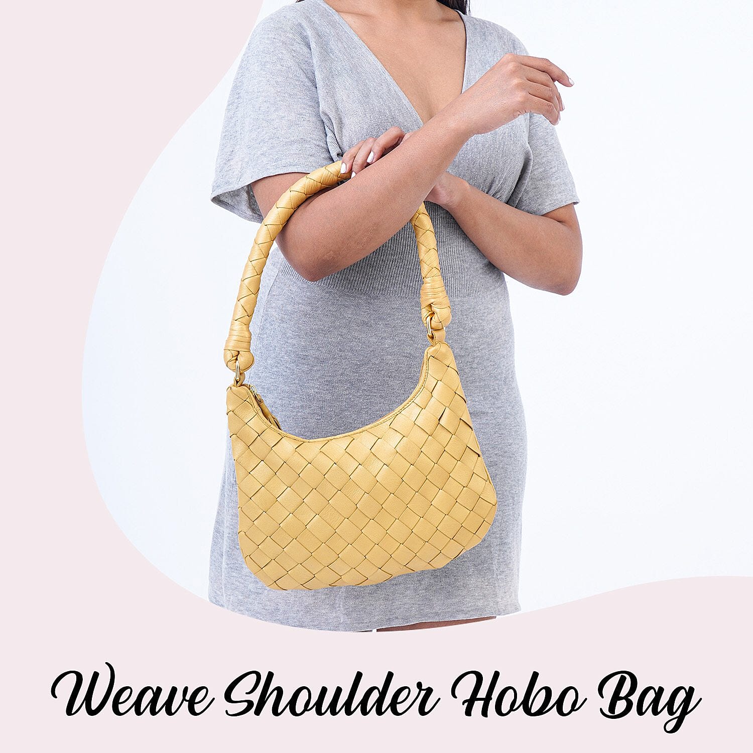 100% Genuine Leather Weaved Shoulder Hobo Bag - Gold