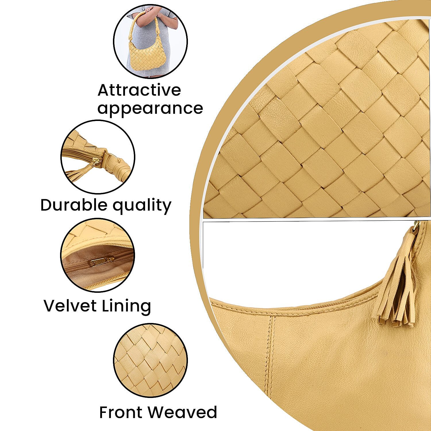 100% Genuine Leather Weaved Shoulder Hobo Bag - Gold