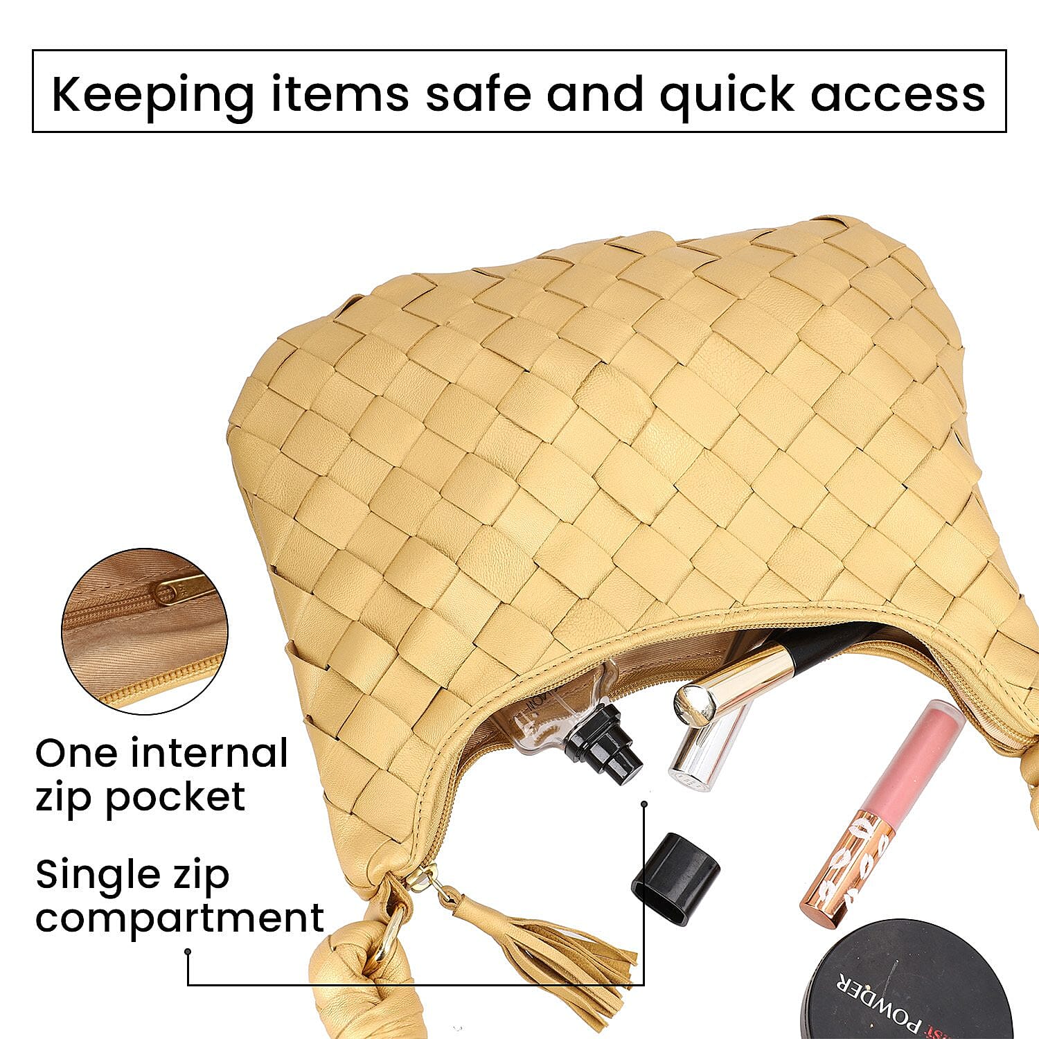 100% Genuine Leather Weaved Shoulder Hobo Bag - Gold