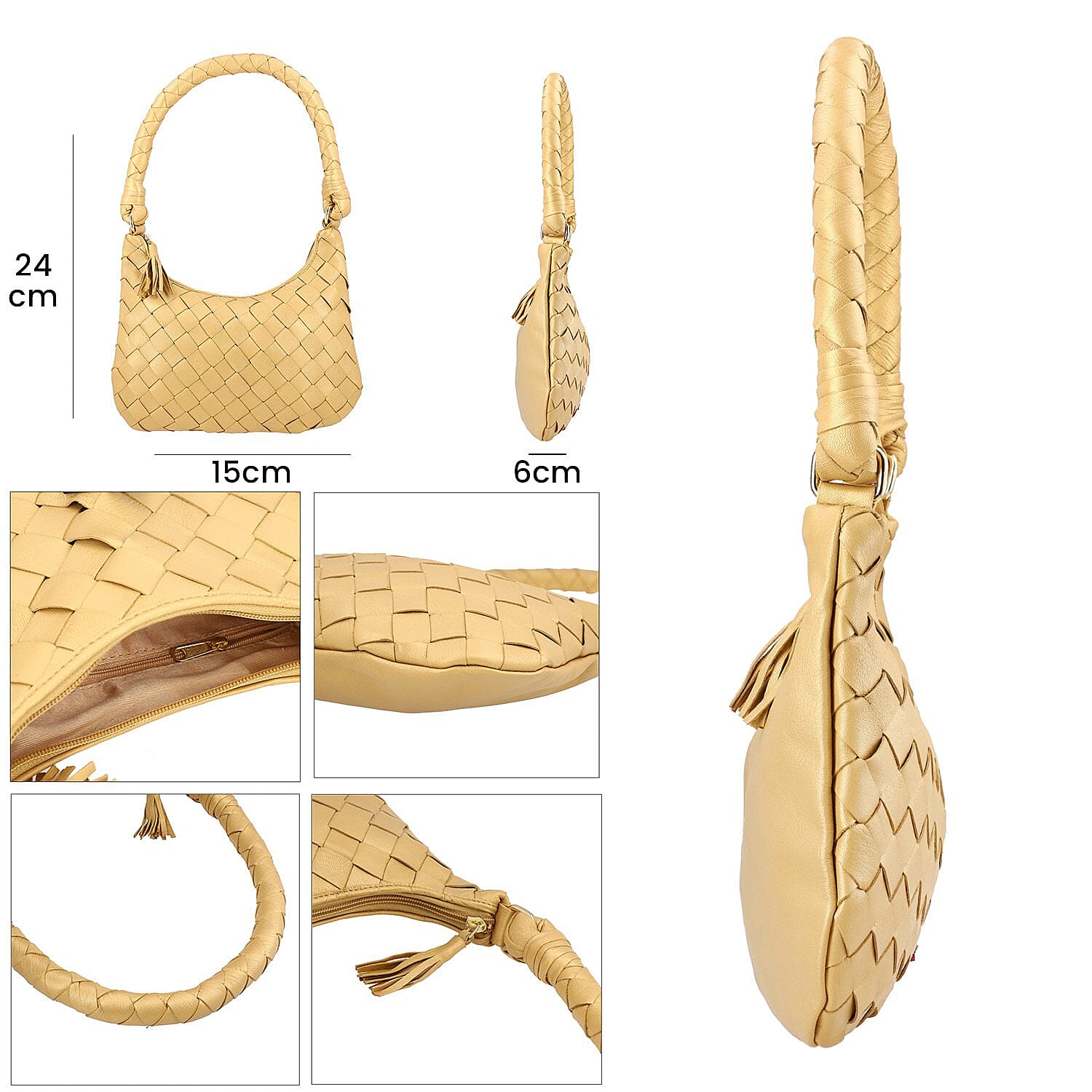 100% Genuine Leather Weaved Shoulder Hobo Bag - Gold